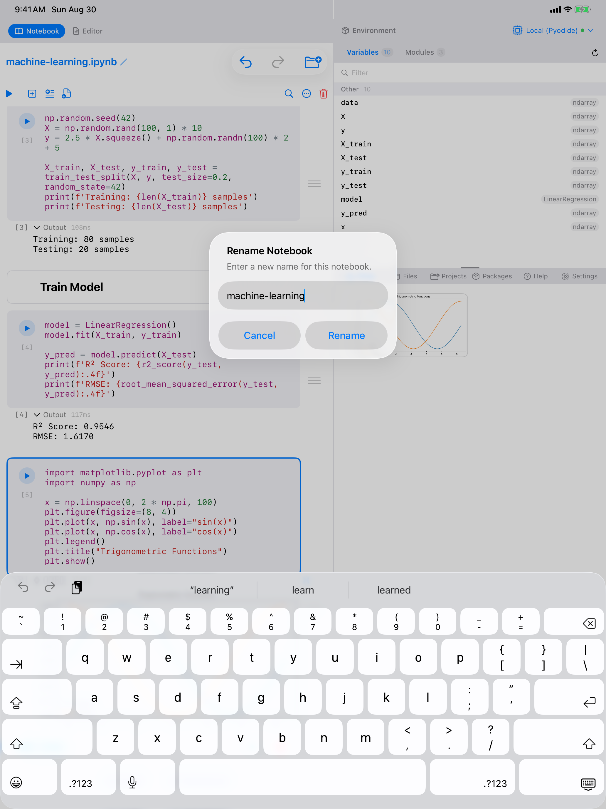 Rename Notebook dialog on iPad, shown over the workspace layout