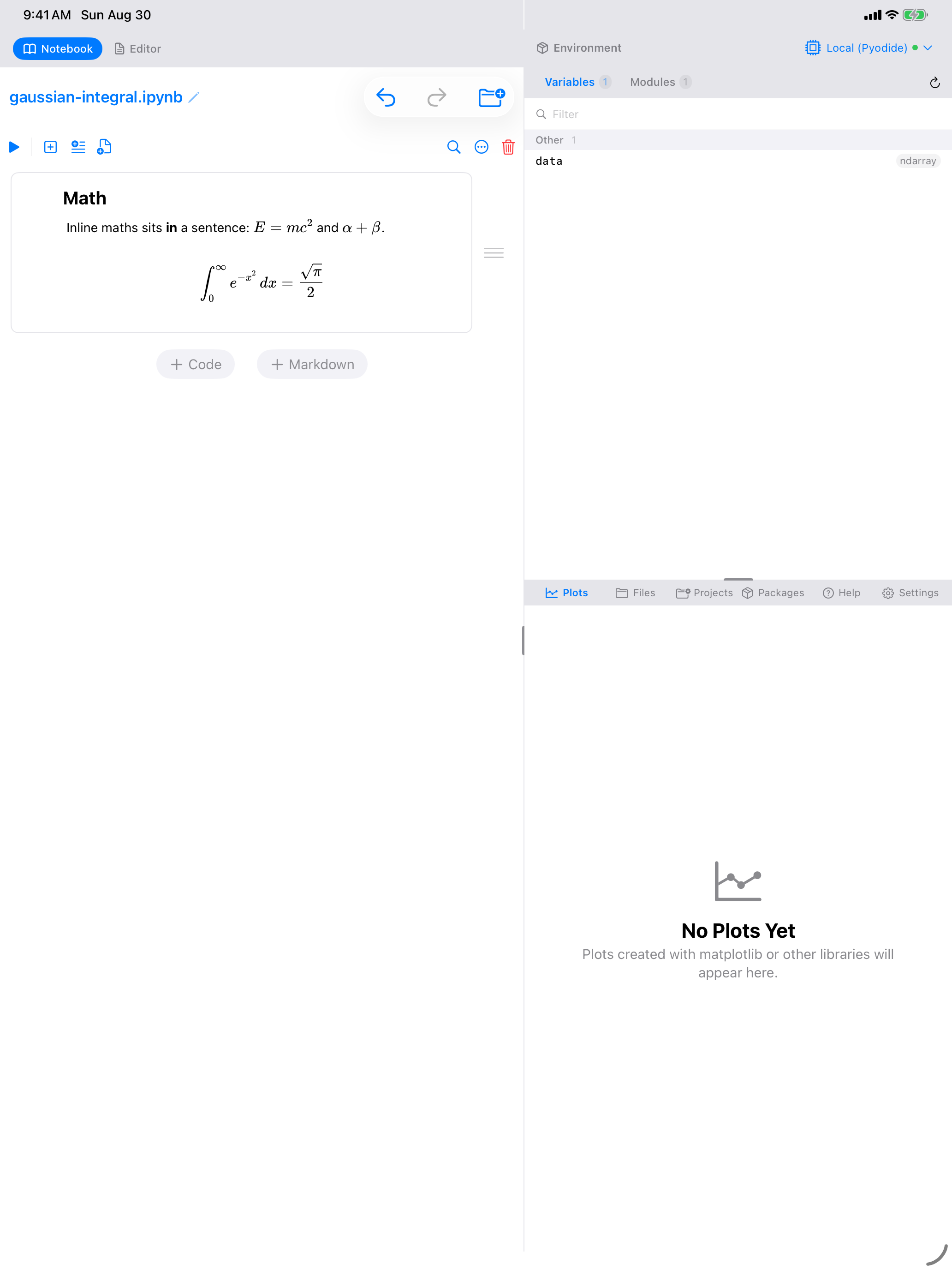 Markdown cell on iPad showing inline maths inside a sentence and a centred display equation