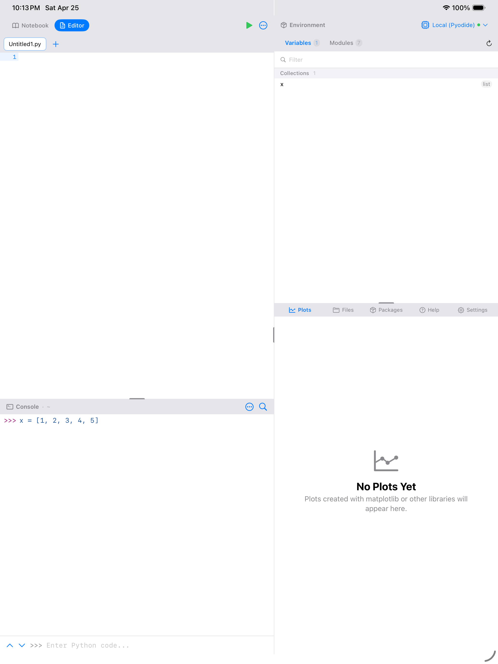 Console after running x = [1,2,3,4,5] on iPad