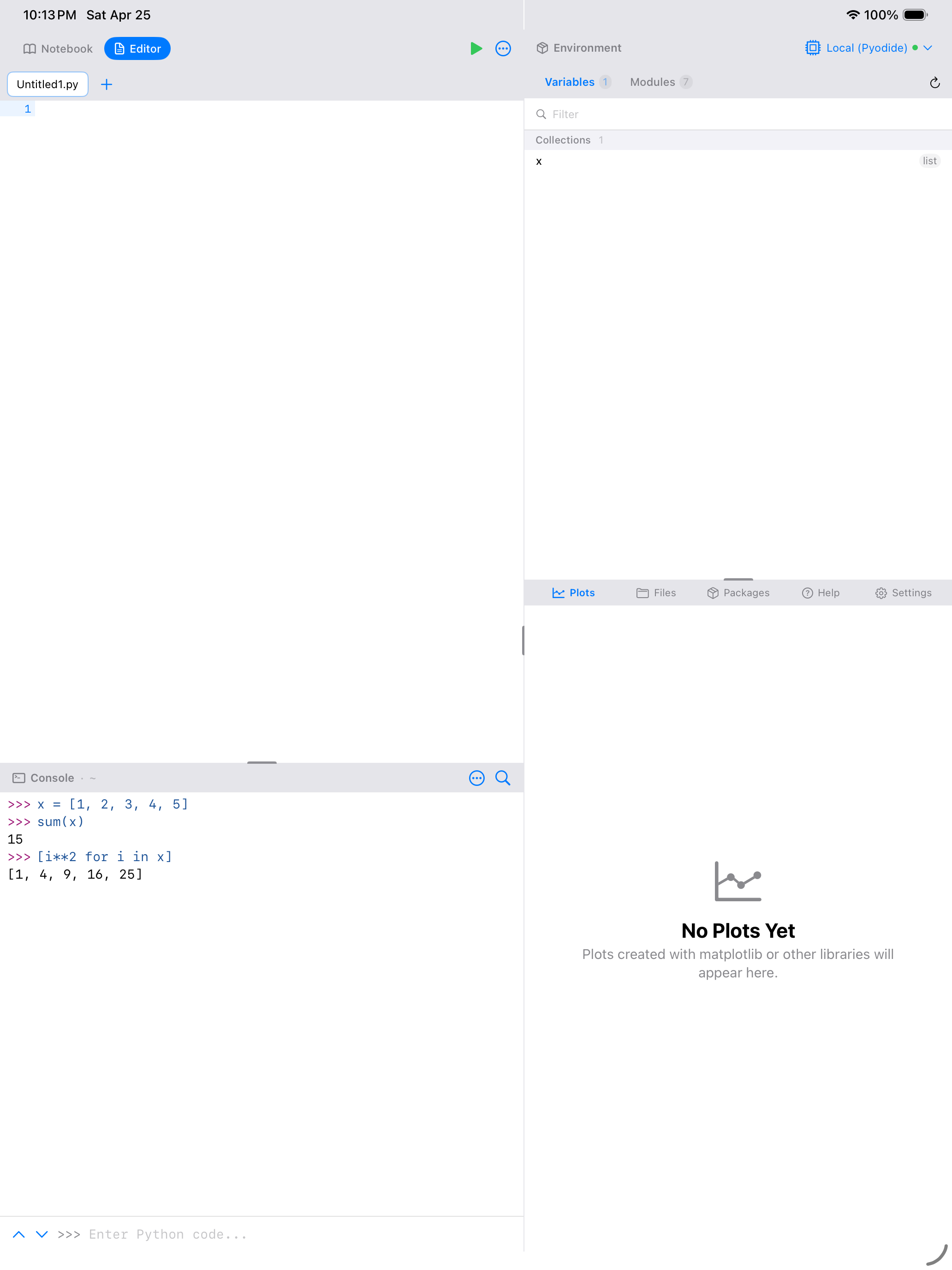 Console after running list comprehension on iPad