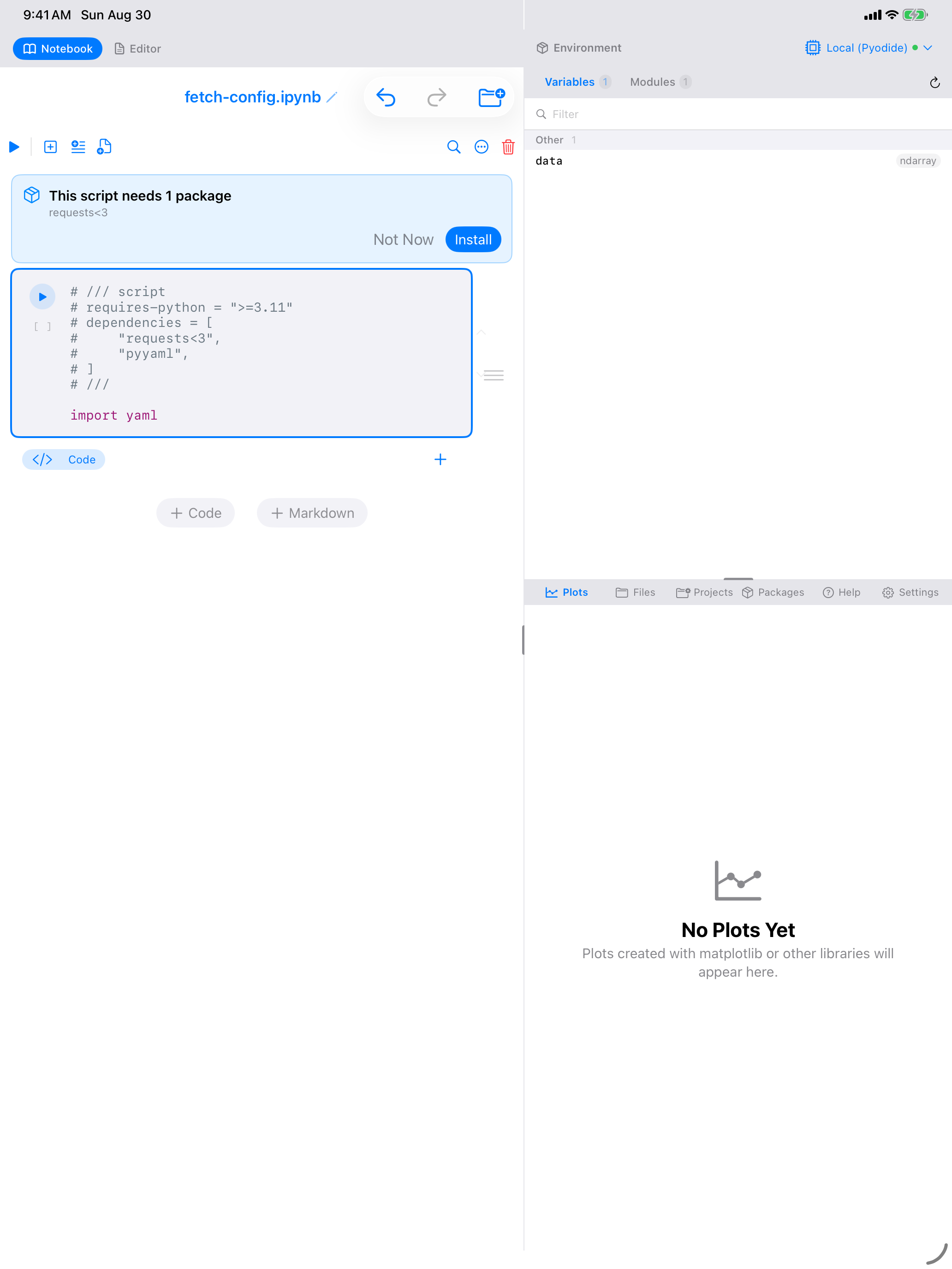 The script dependency banner on iPad reading This script needs 2 packages, listing requests<3 and pyyaml, with Not Now and Install buttons
