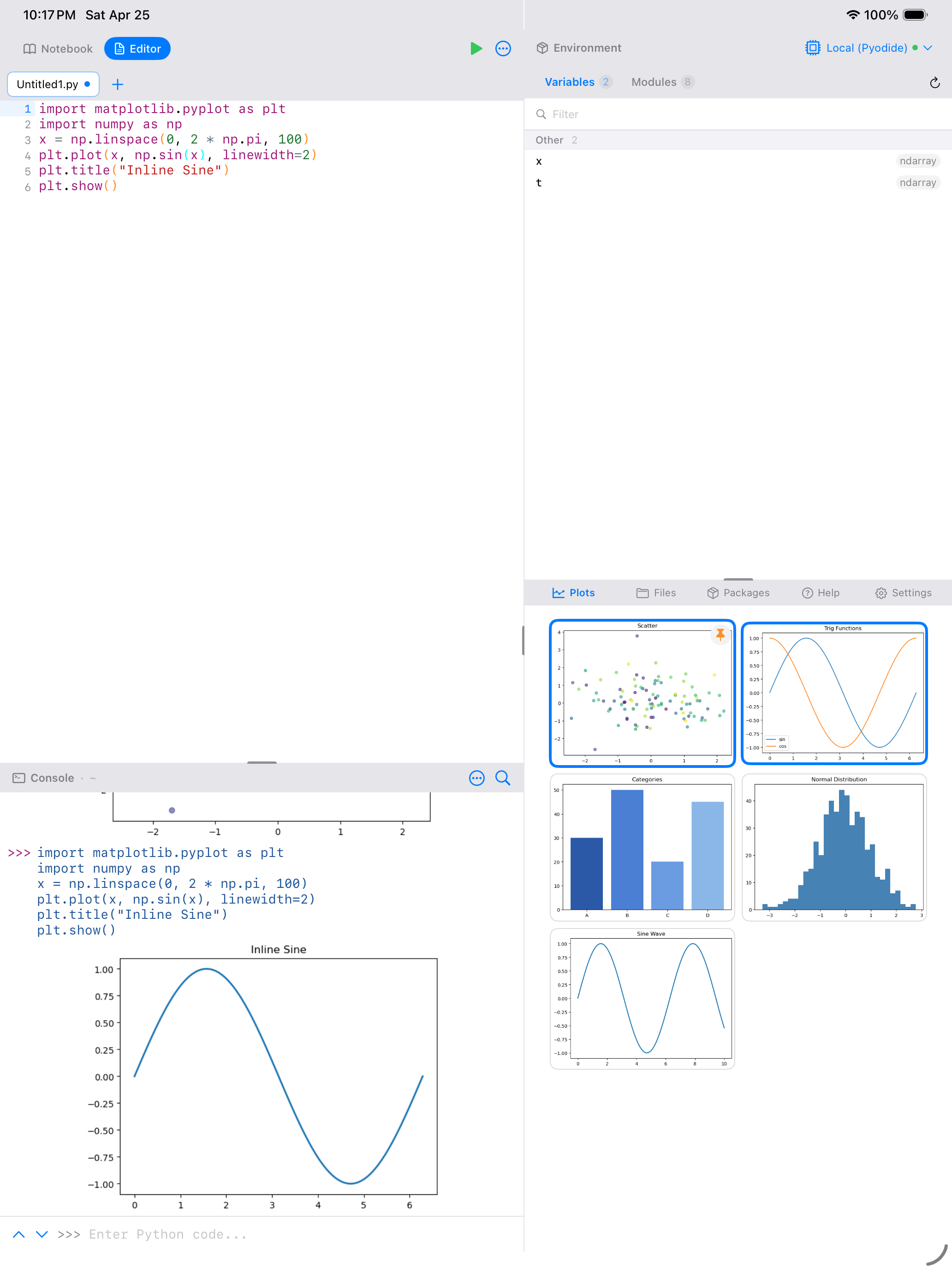 Editor with an inline matplotlib plot on iPad