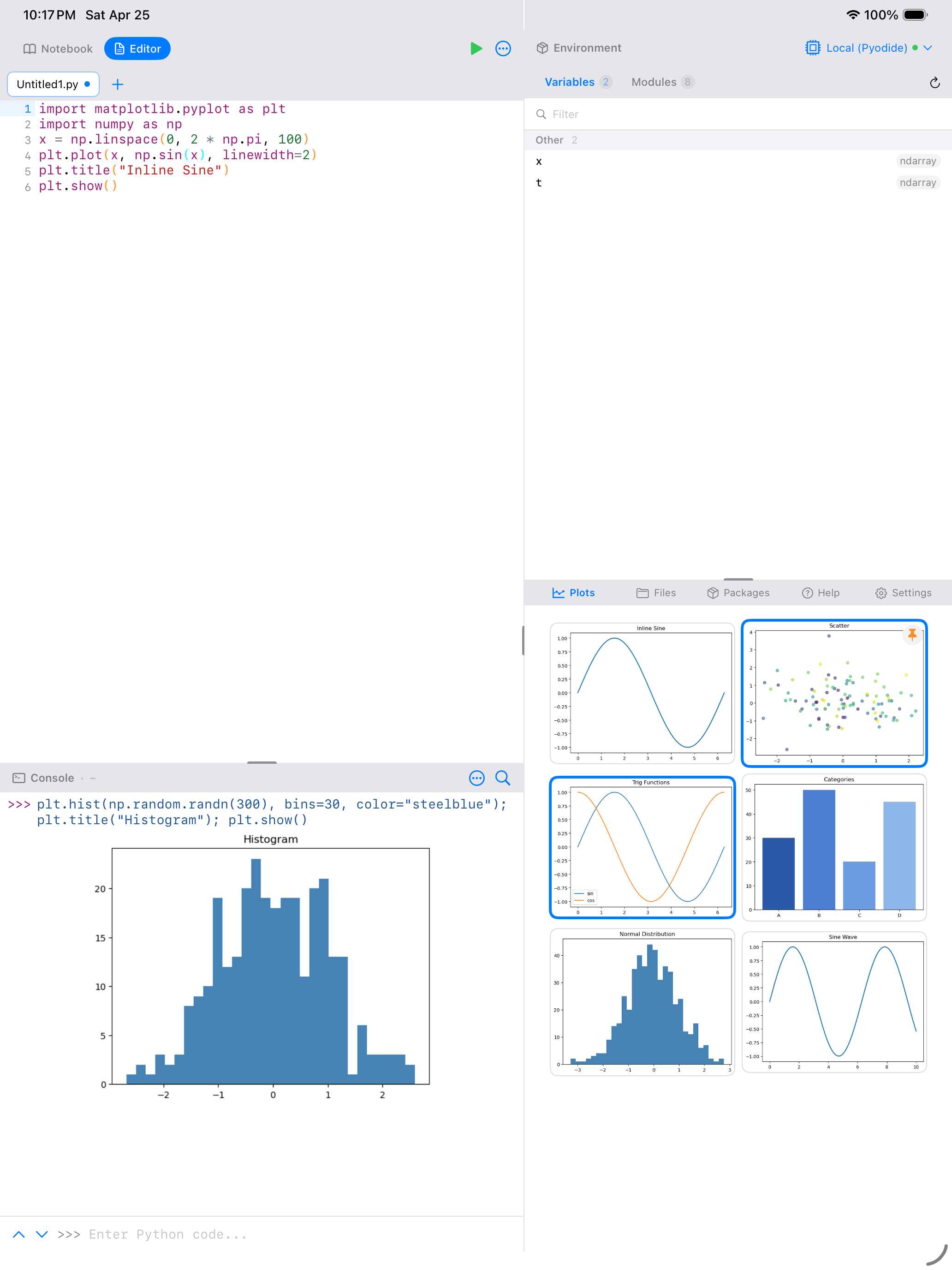 Console with a histogram rendered inline on iPad