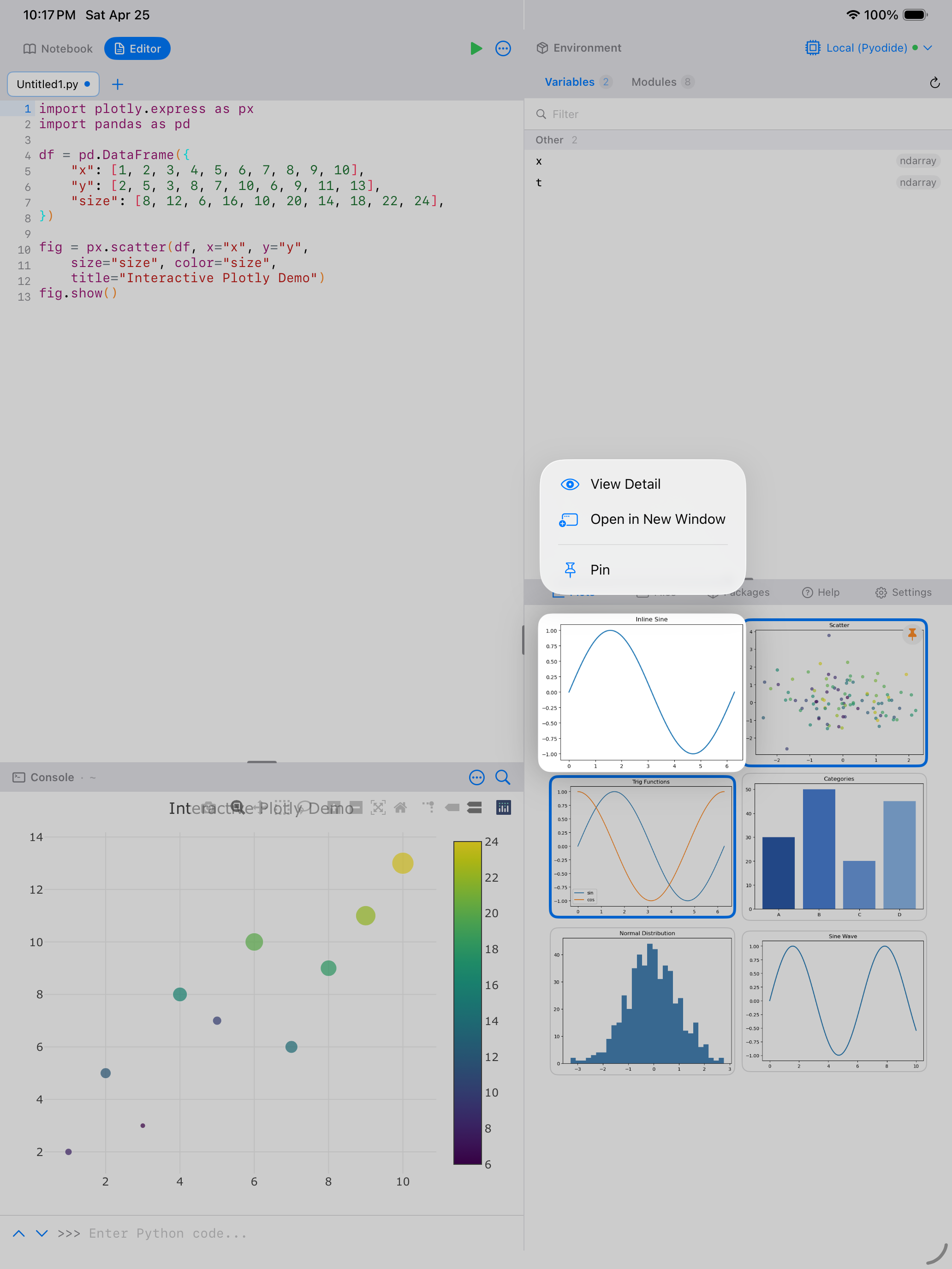 Long-press context menu on a plot thumbnail showing Open in New Window