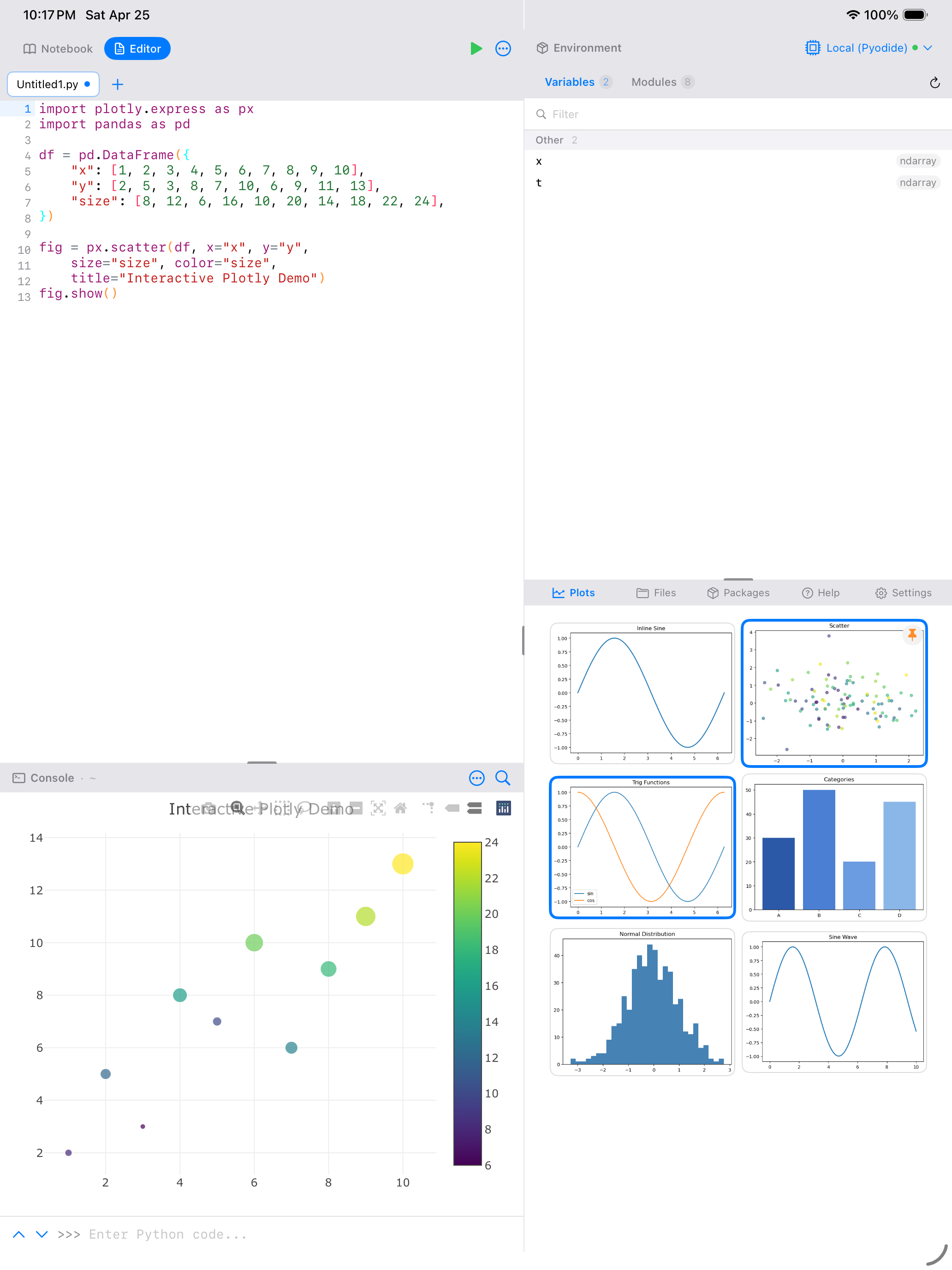 Interactive Plotly chart rendered inline in the Console on iPad