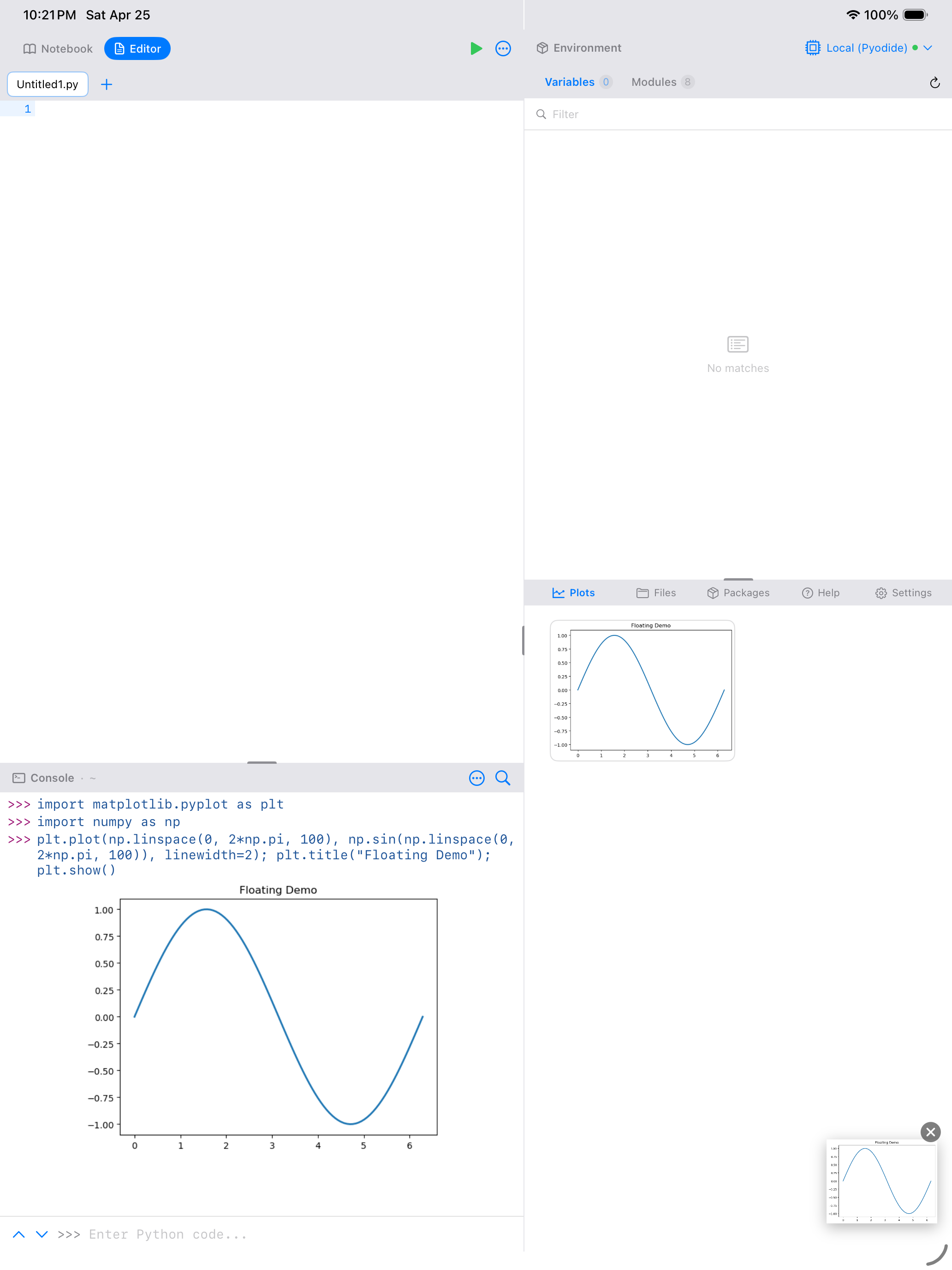 Floating plot overlay thumbnail on iPad