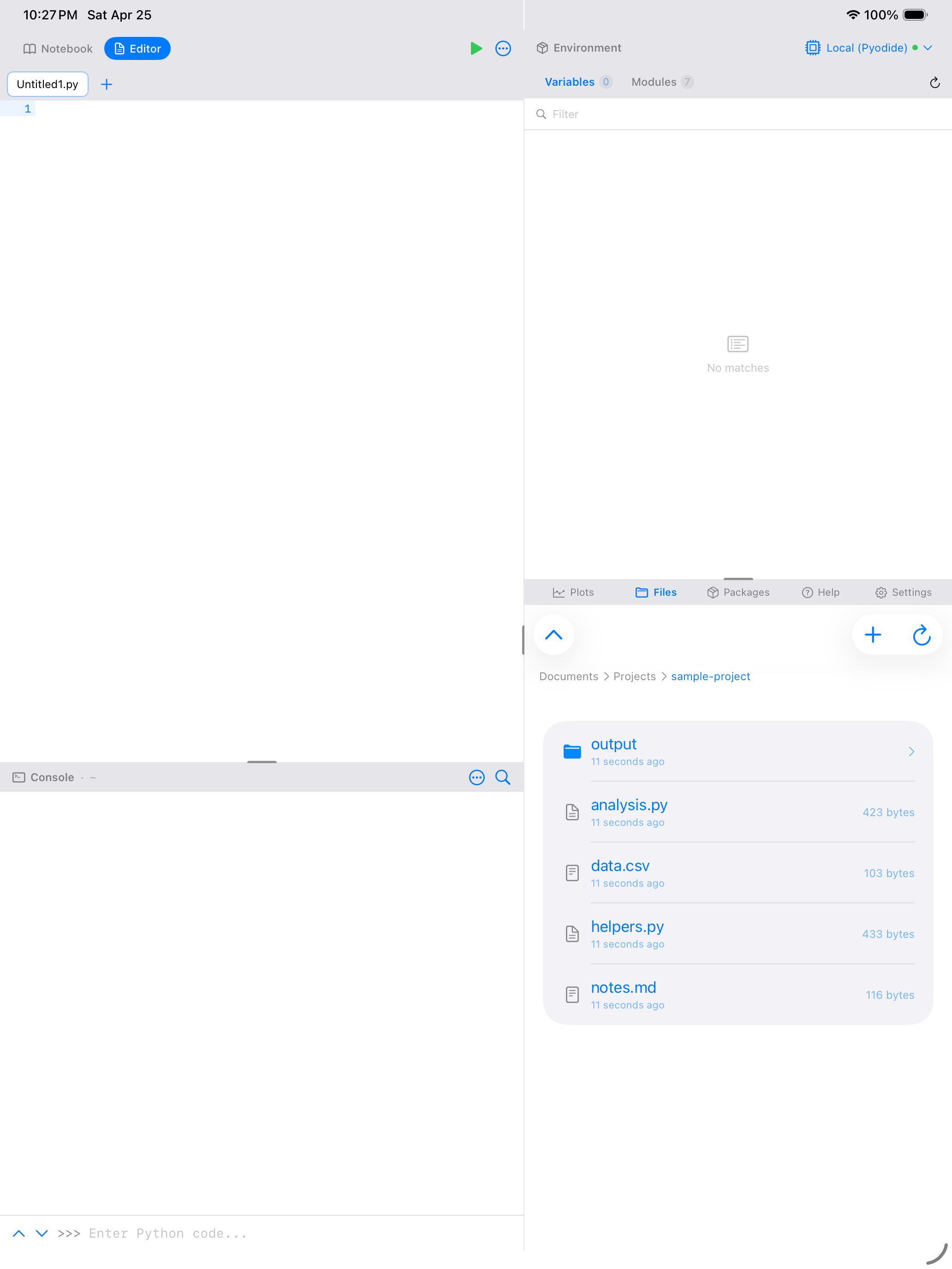 Files tab on iPad showing Python scripts, notebooks, CSV data, and folders