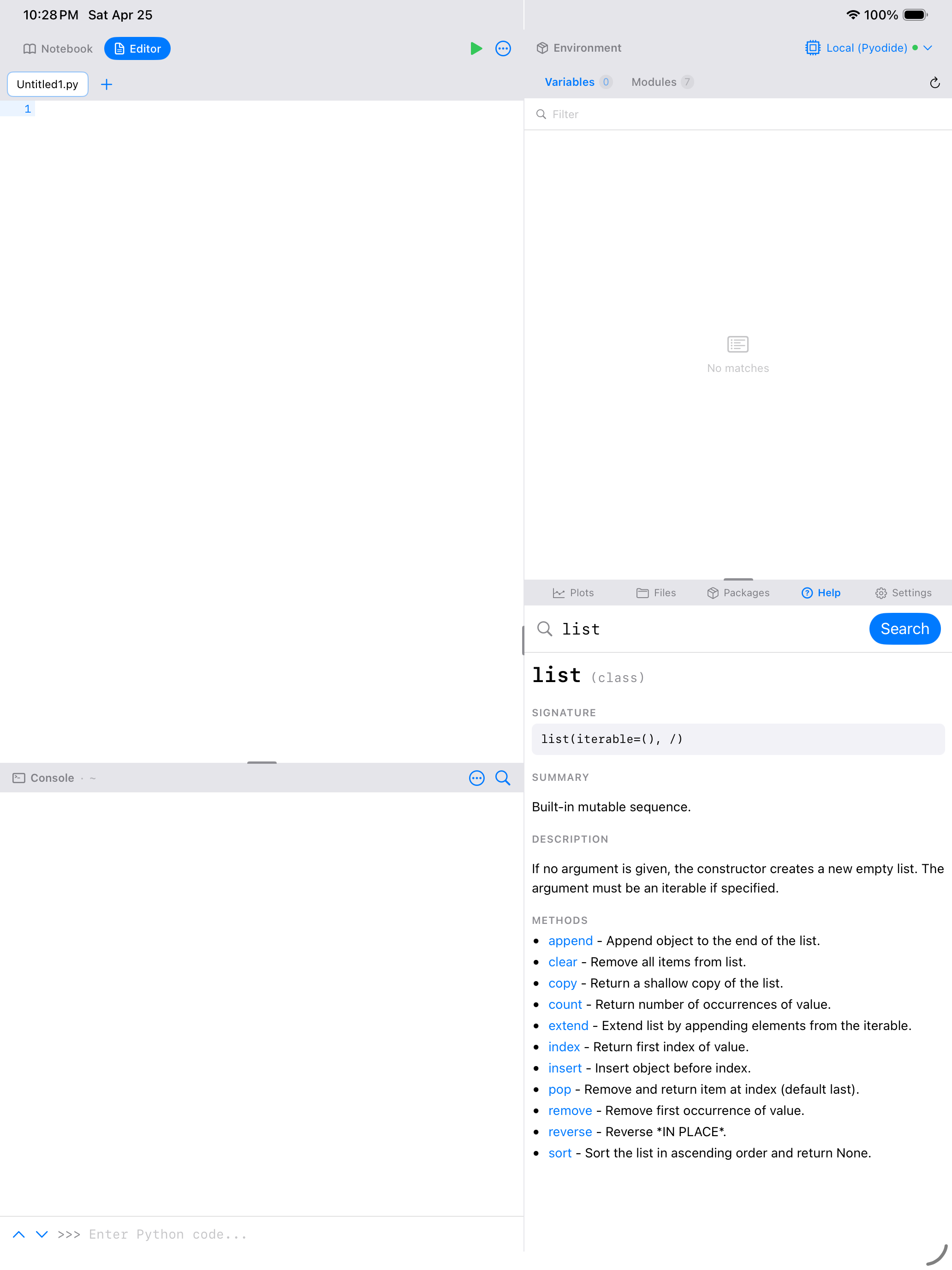 Help tab on iPad showing the pydoc HTML result for the 'list' type