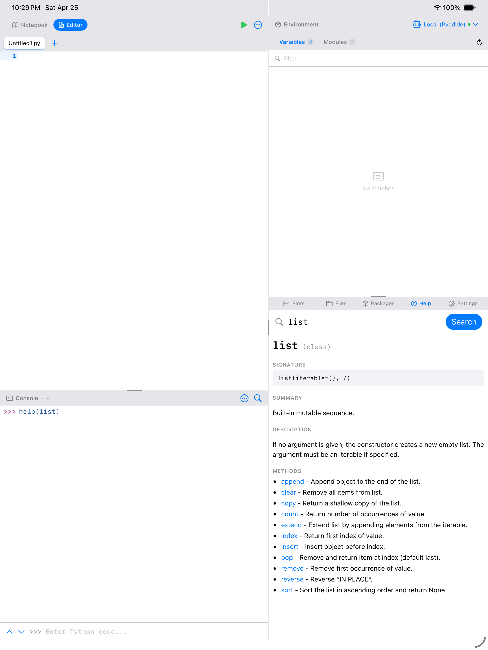 iPad Editor workspace with Console help(list) and the Help pane auto-switched alongside