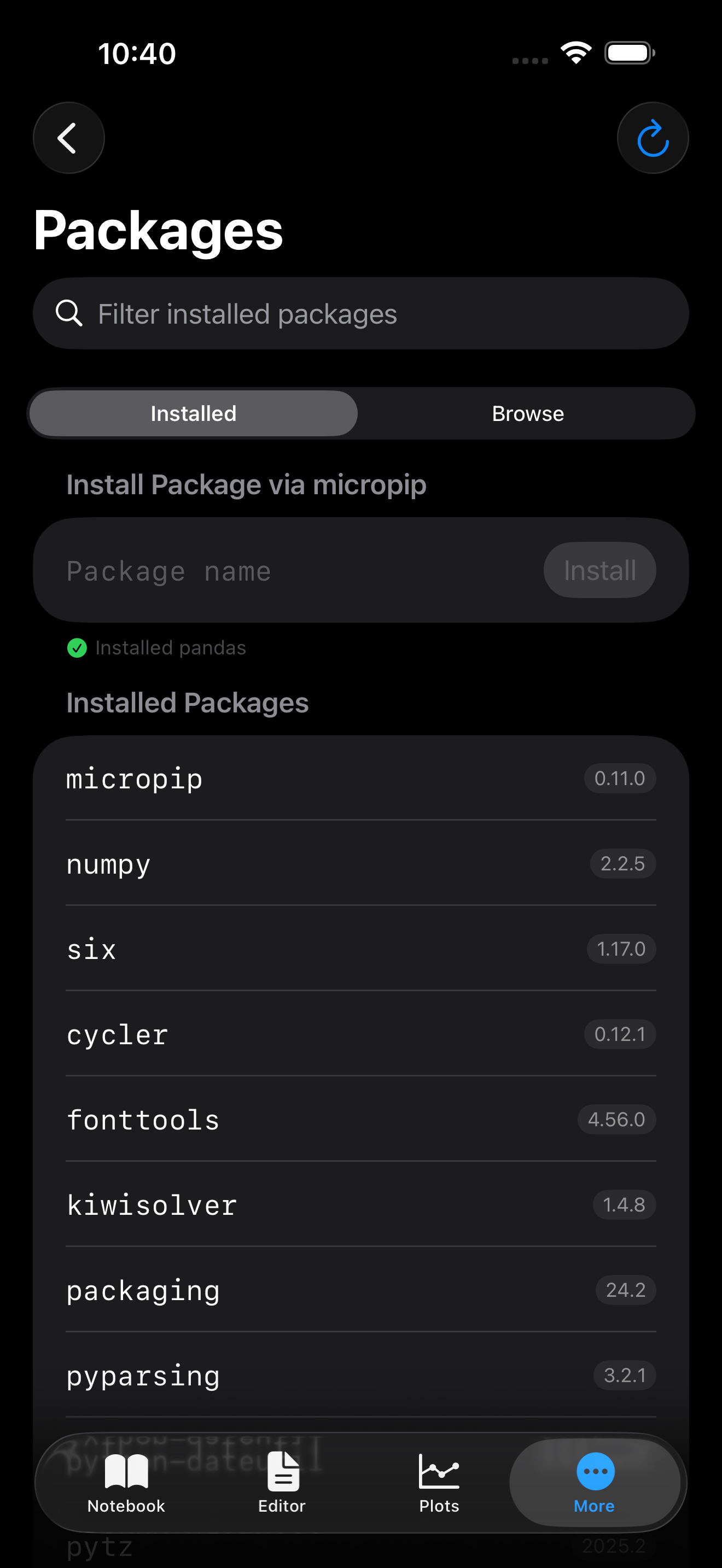 Packages tab on iPhone in dark mode showing installed packages