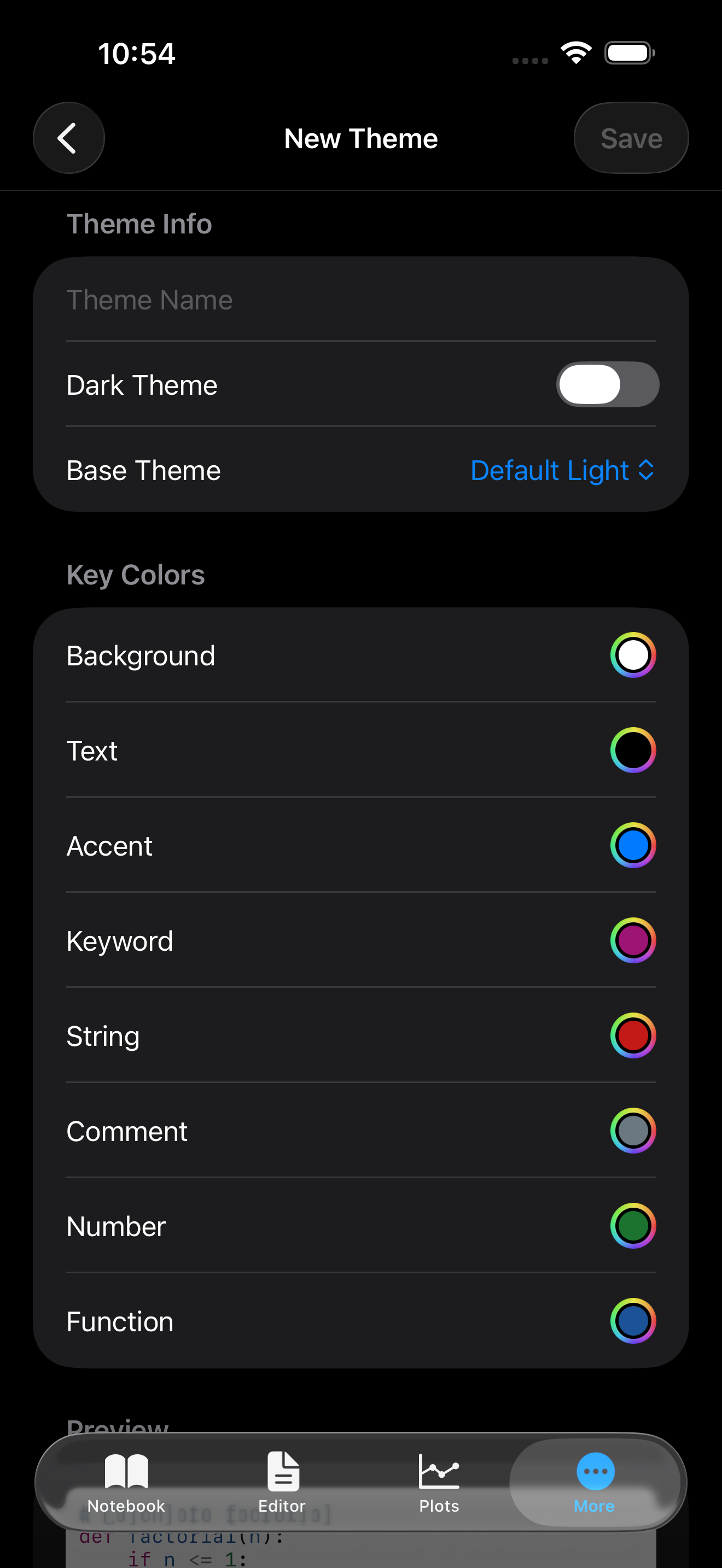Theme editor on iPhone in dark mode