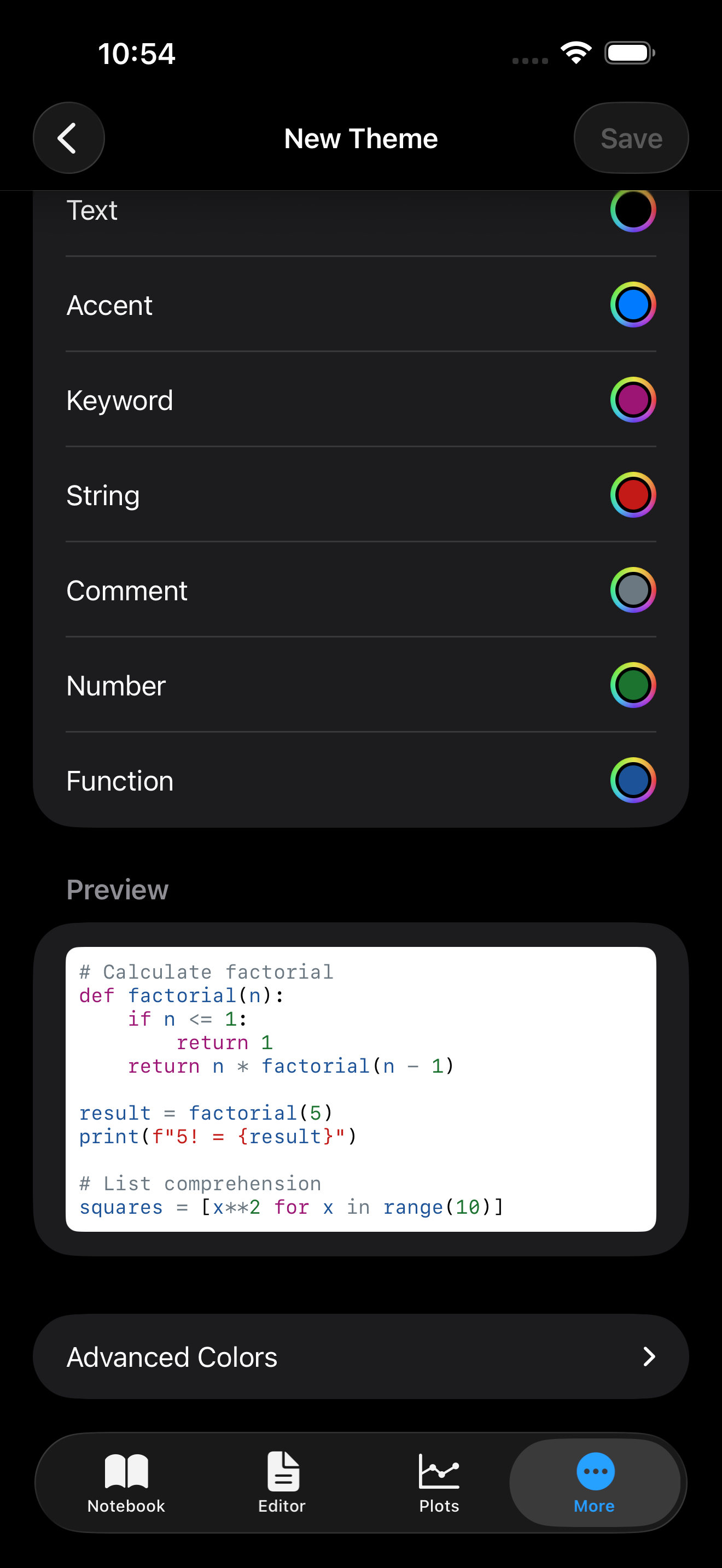 Theme editor live preview on iPhone in dark mode