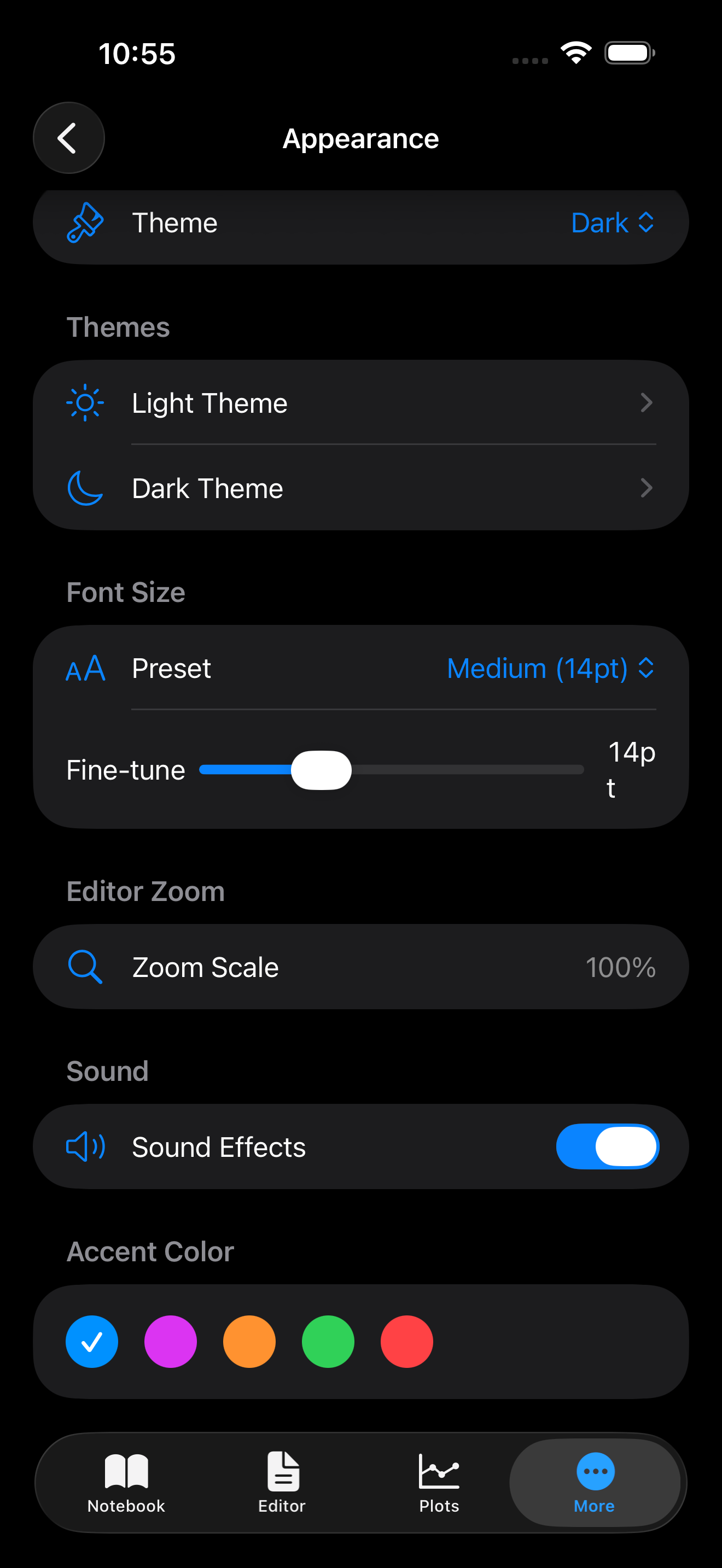 Accent color selector on iPhone in dark mode