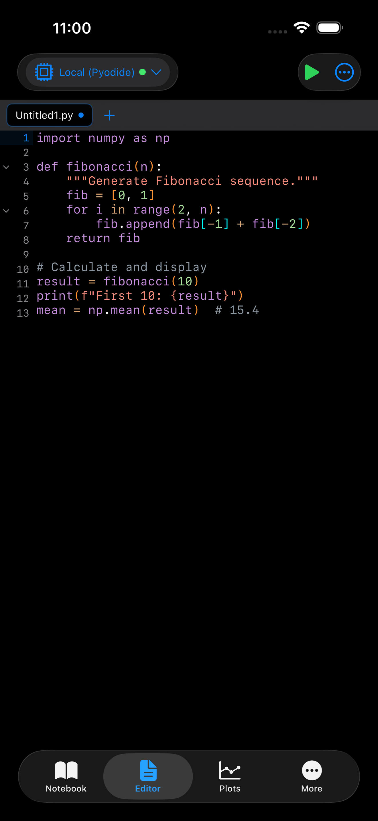 Default Dark theme applied to the editor