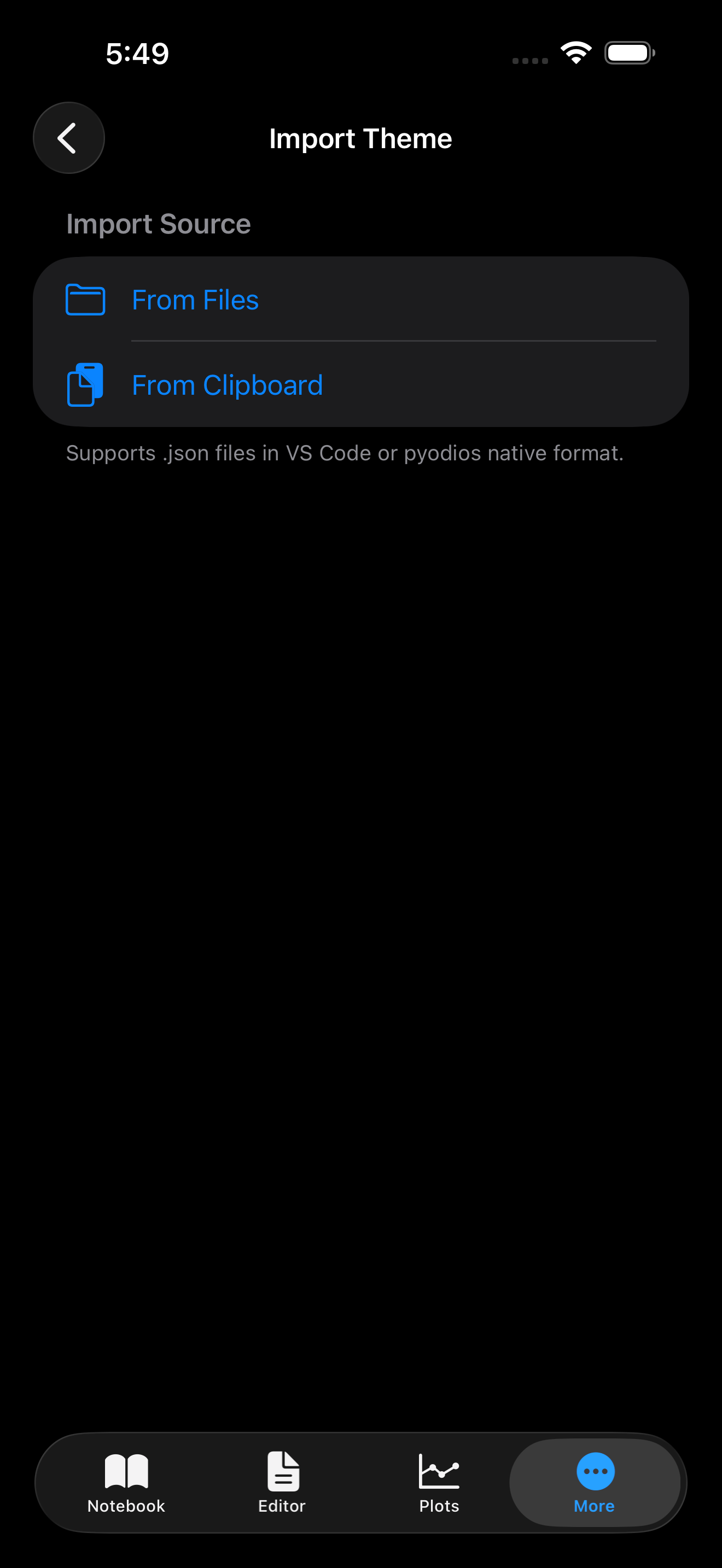 Import Theme screen on iPhone in dark mode