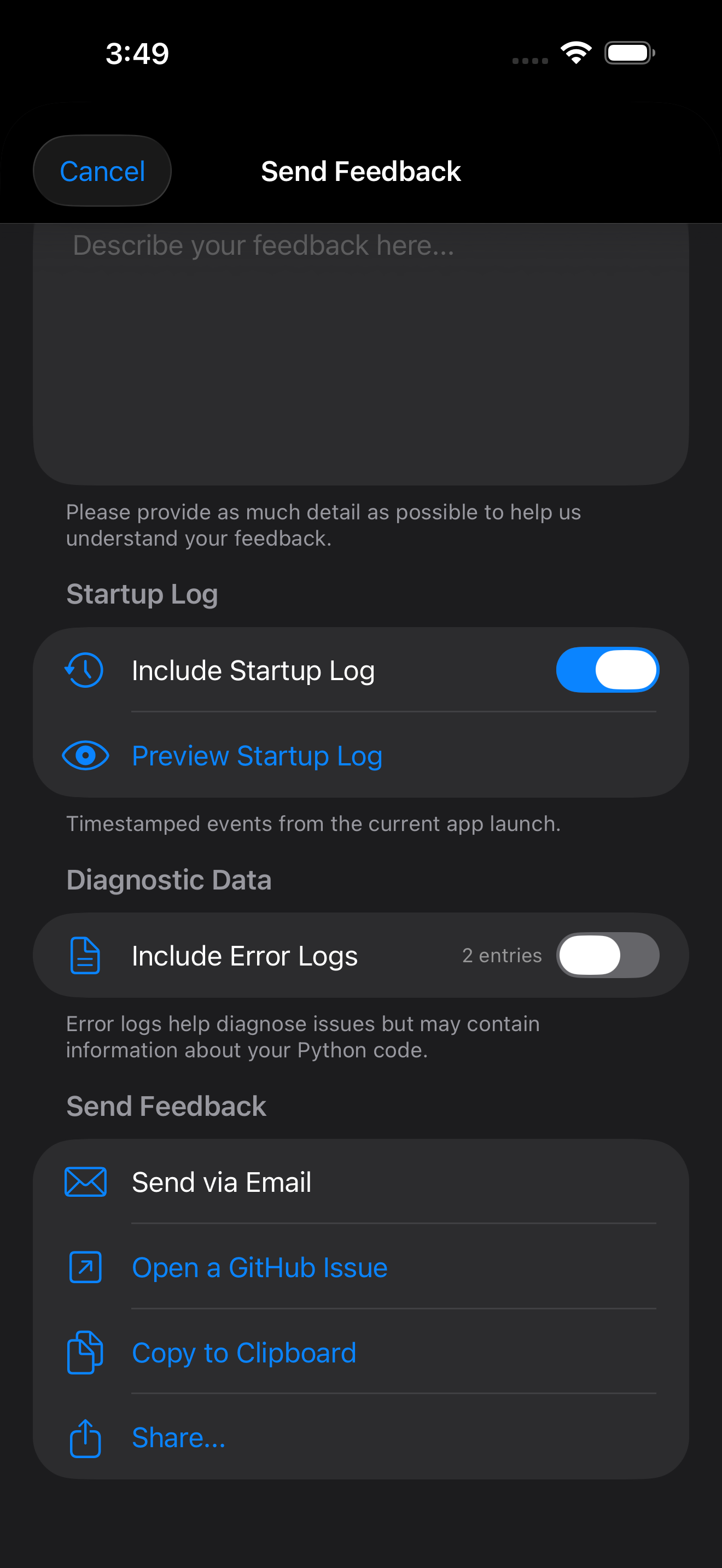The Send Feedback form on iPhone in dark mode