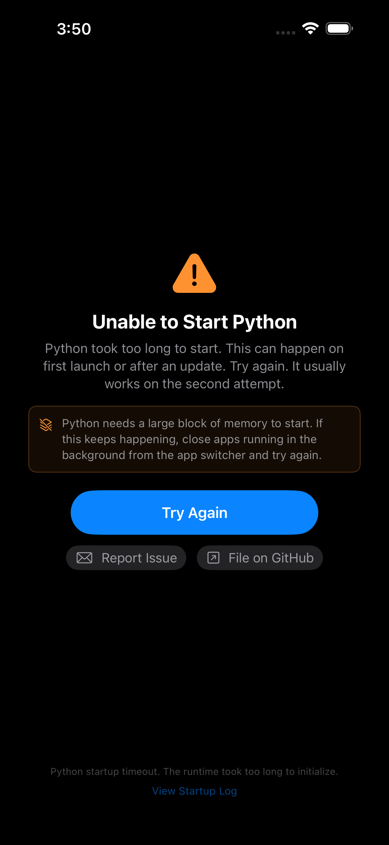 The Unable to Start Python screen on iPhone in dark mode