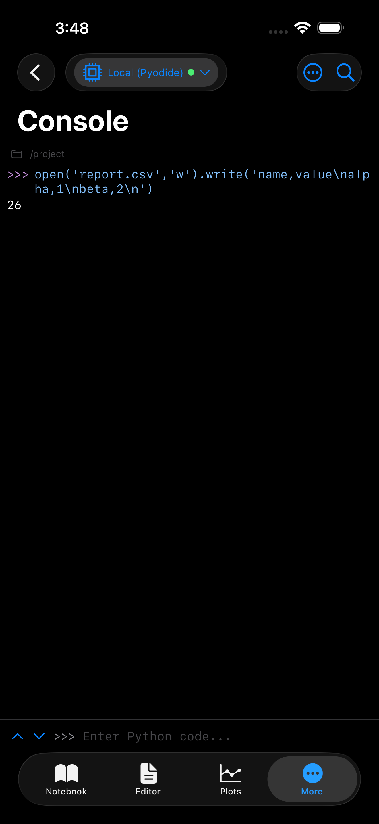 Console writing report.csv into the open project in dark mode