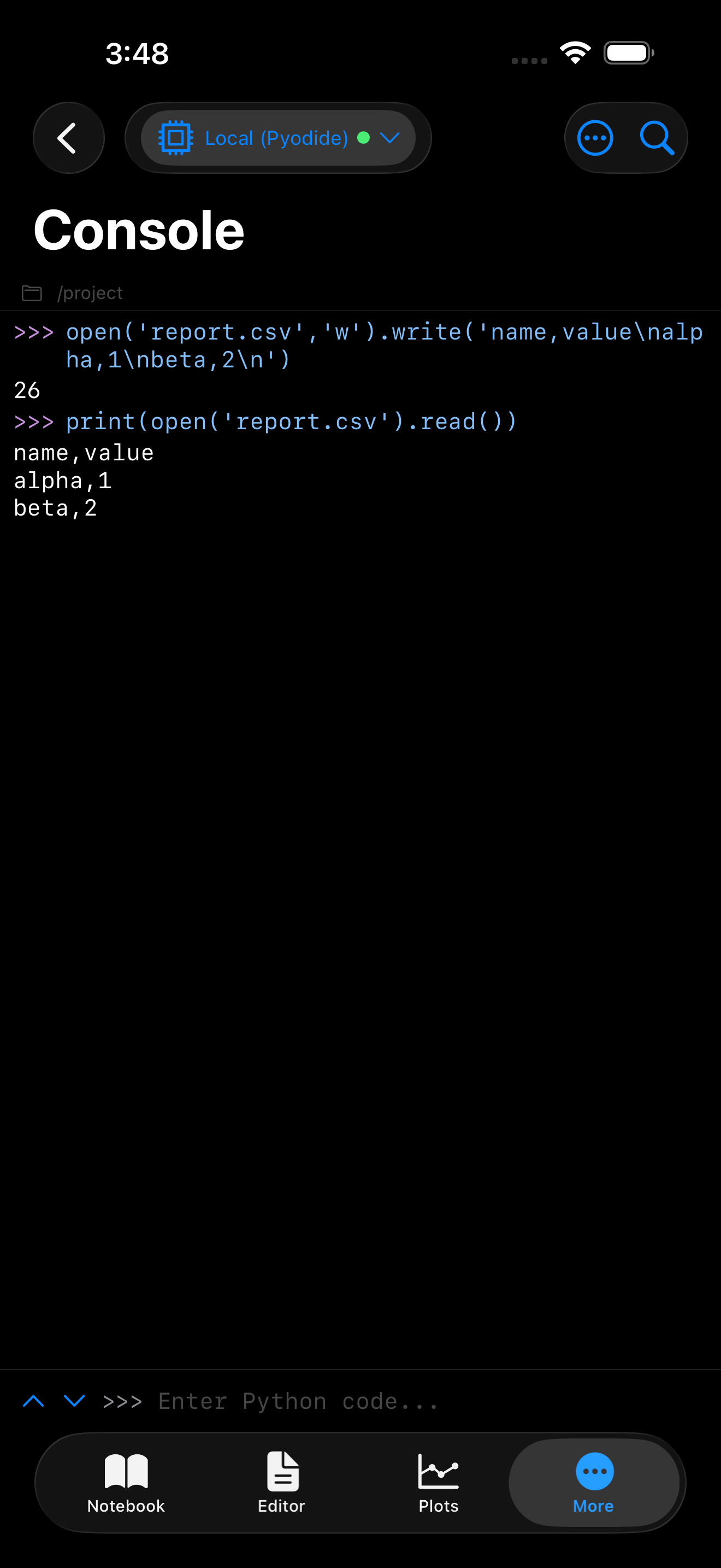 Console reading report.csv back and printing its contents in dark mode