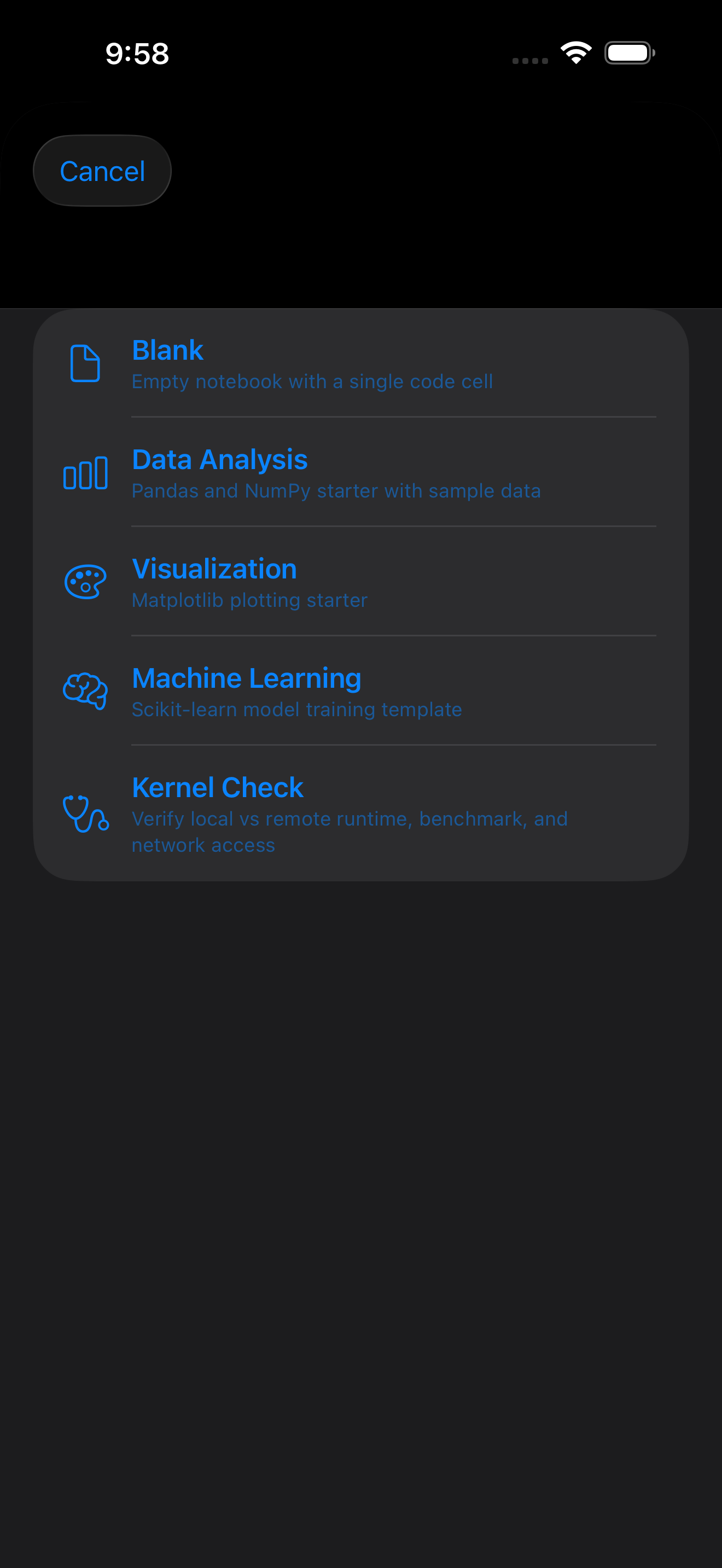 Template picker listing Blank, Data Analysis, Visualization, Machine Learning and Kernel Check in dark mode