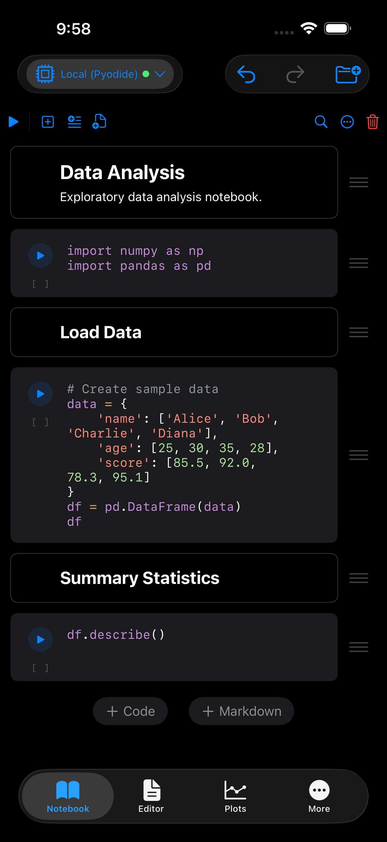 Data Analysis template: pandas import and a DataFrame of sample data in dark mode