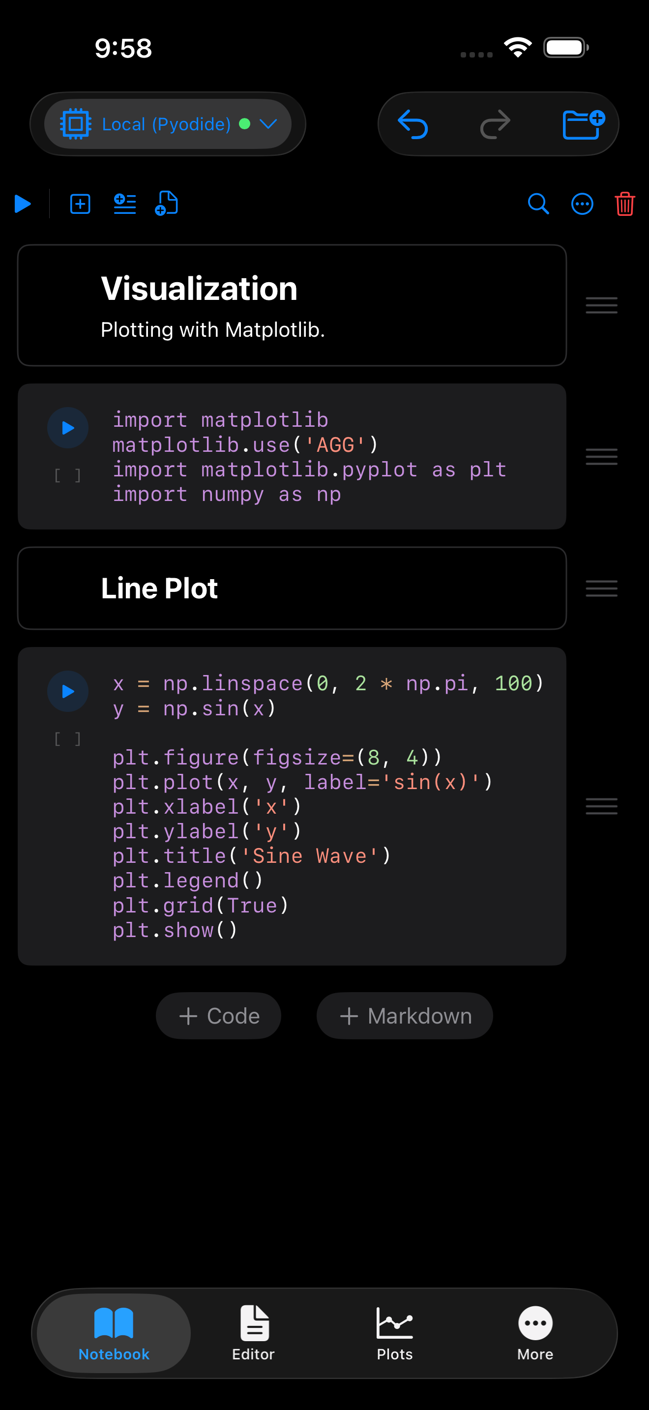 Visualization template: matplotlib set up and a sine wave in dark mode