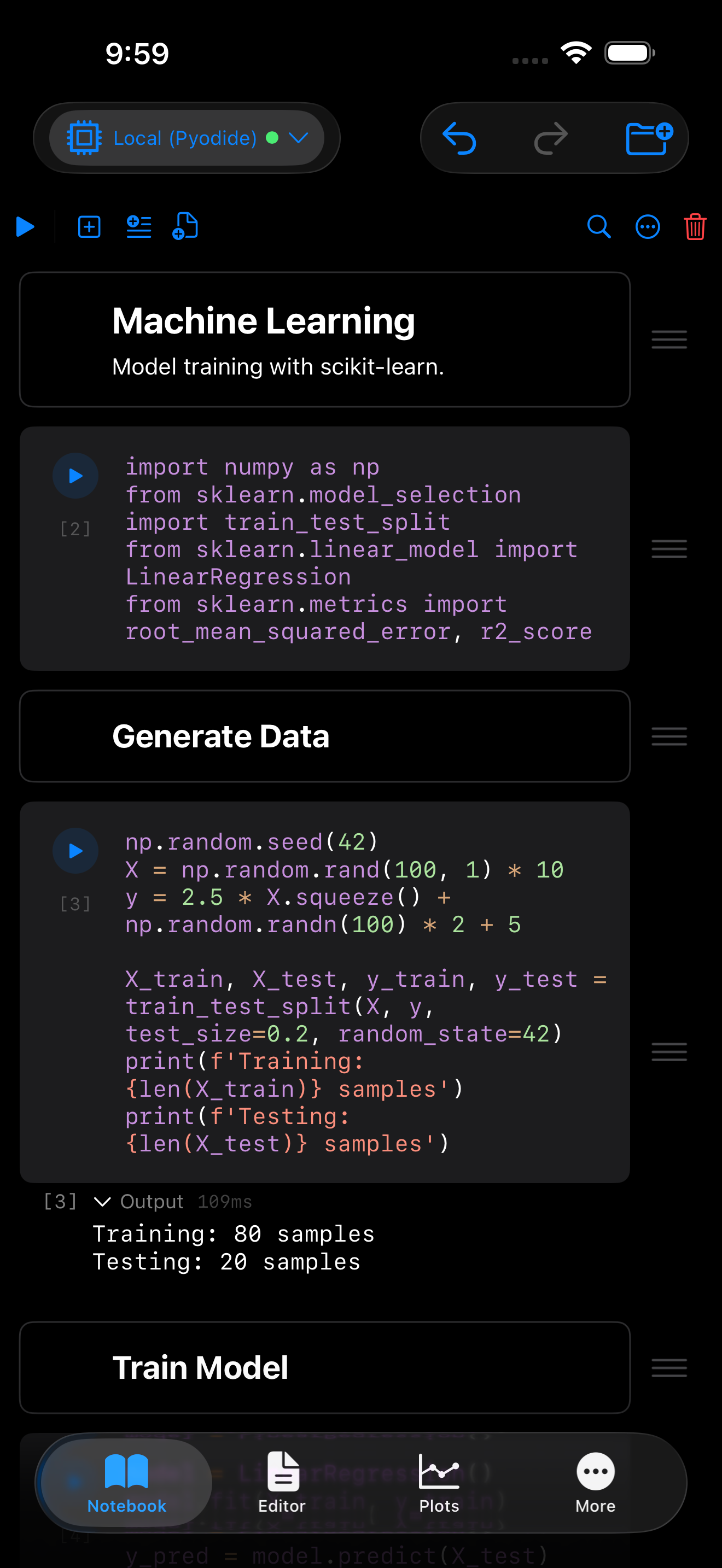 Machine Learning template after running: R squared and RMSE printed, variables in the Environment pane in dark mode