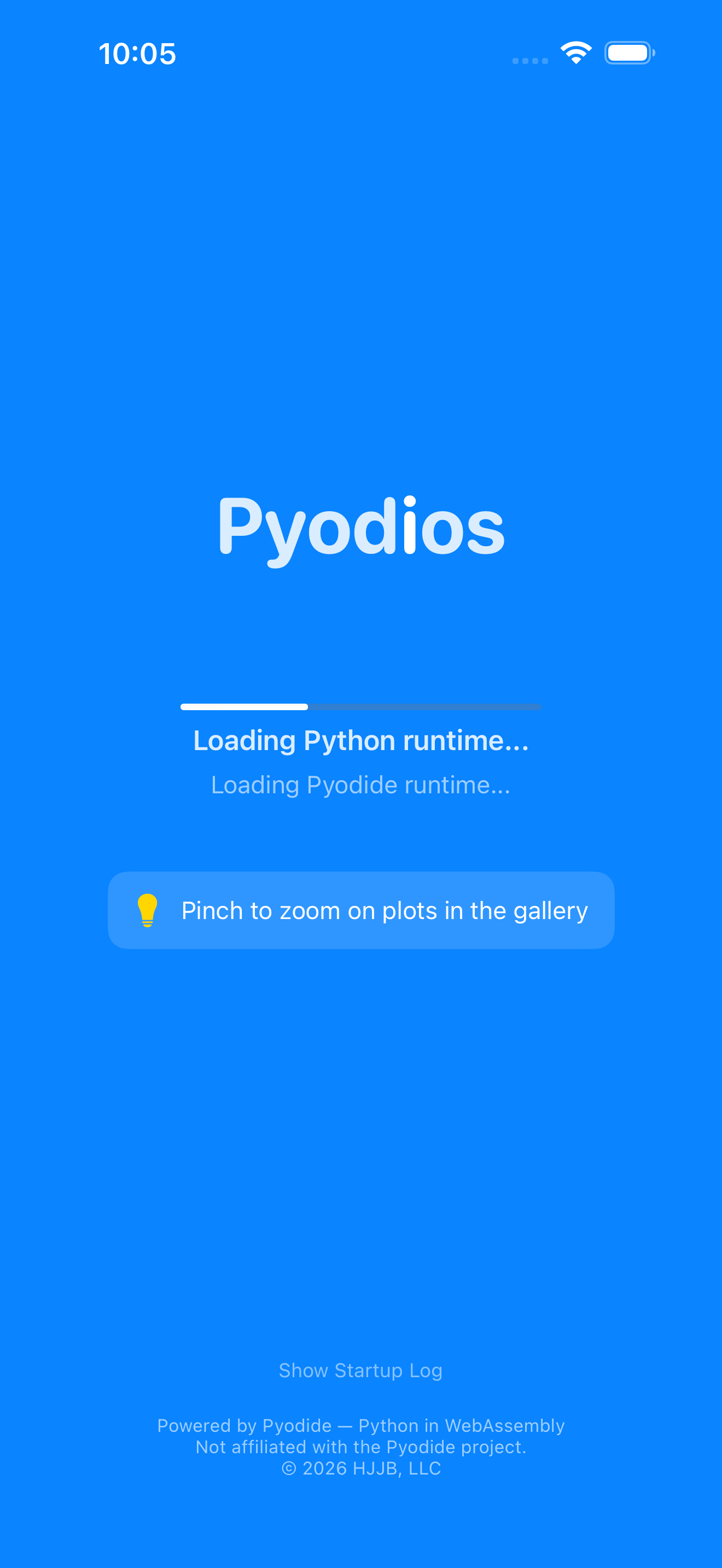 Pyodios loading screen with progress bar on iPhone in dark mode