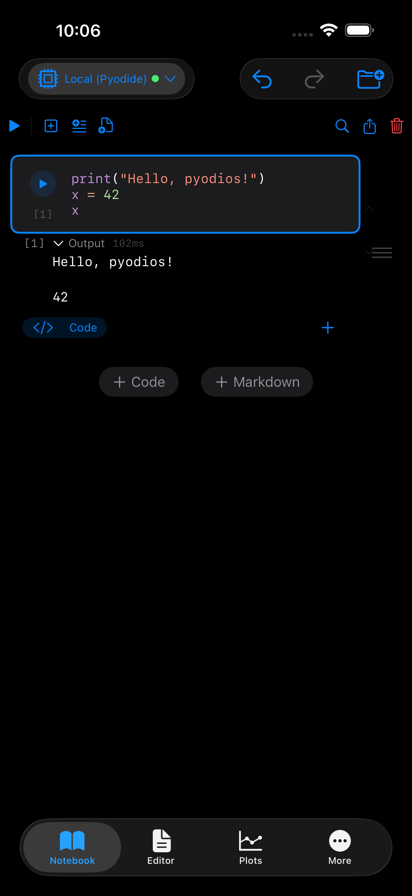 Notebook with Python output on iPhone in dark mode