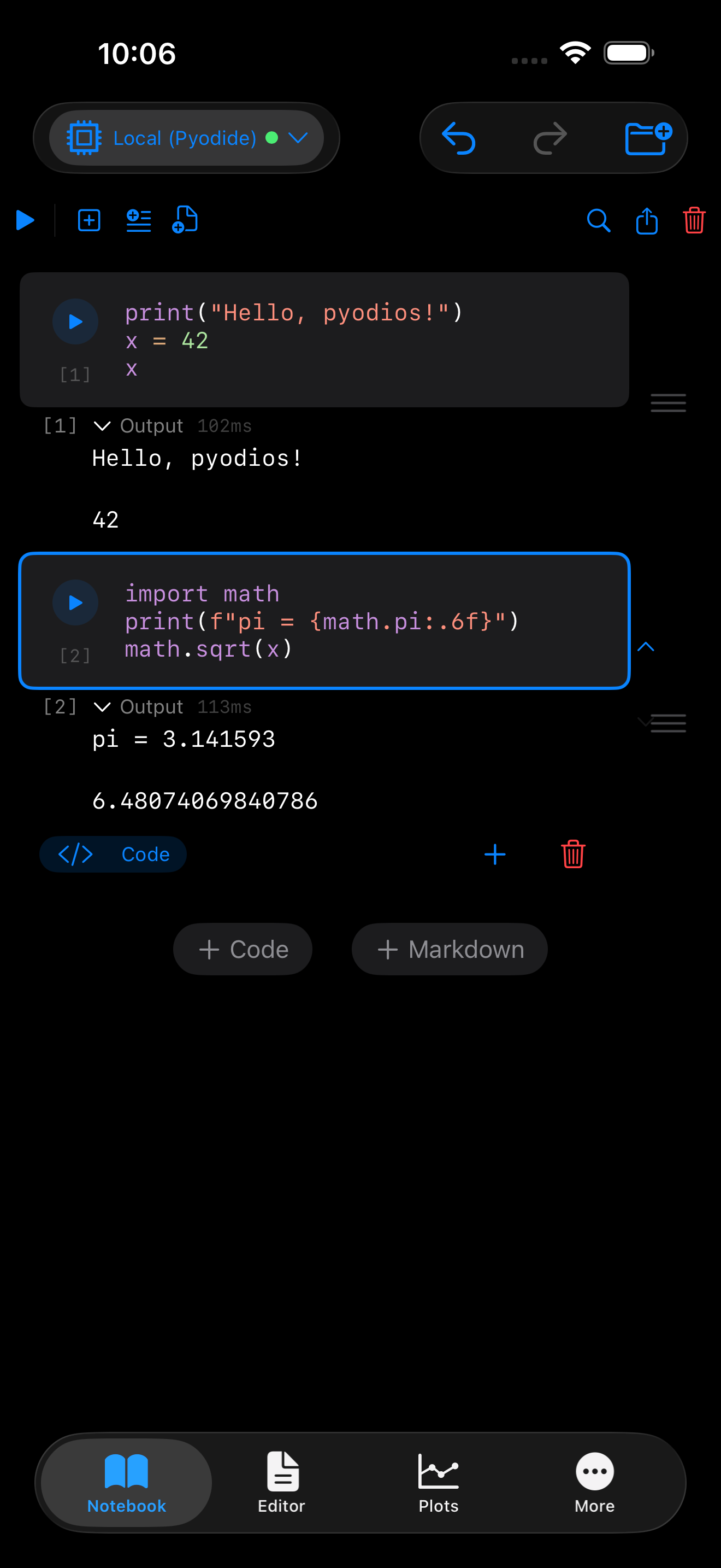 Notebook with math output on iPhone in dark mode