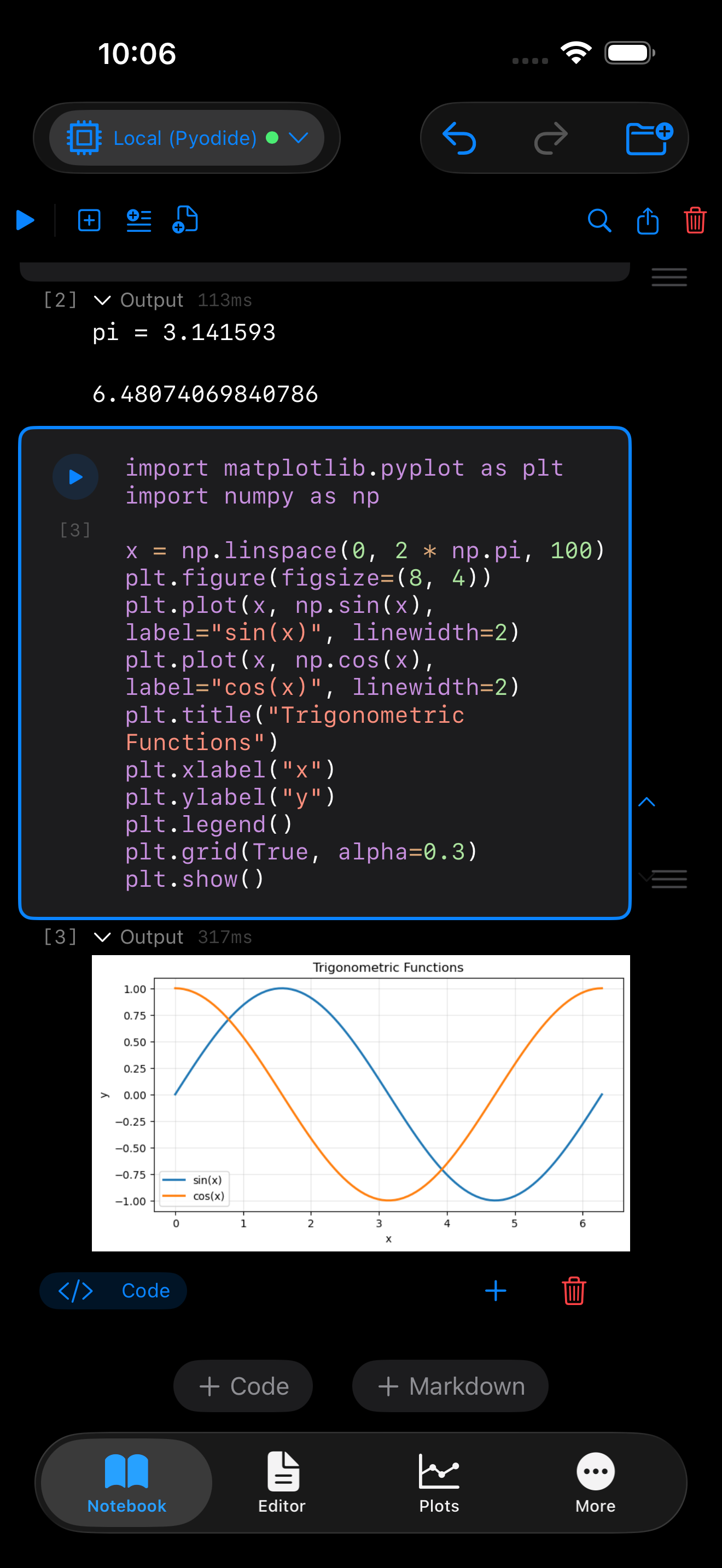 Notebook with plot code and inline output on iPhone in dark mode