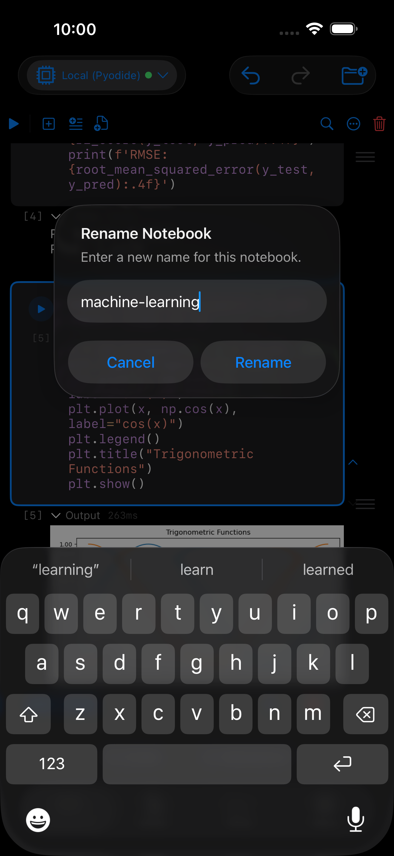 Rename Notebook dialog on iPhone in dark mode