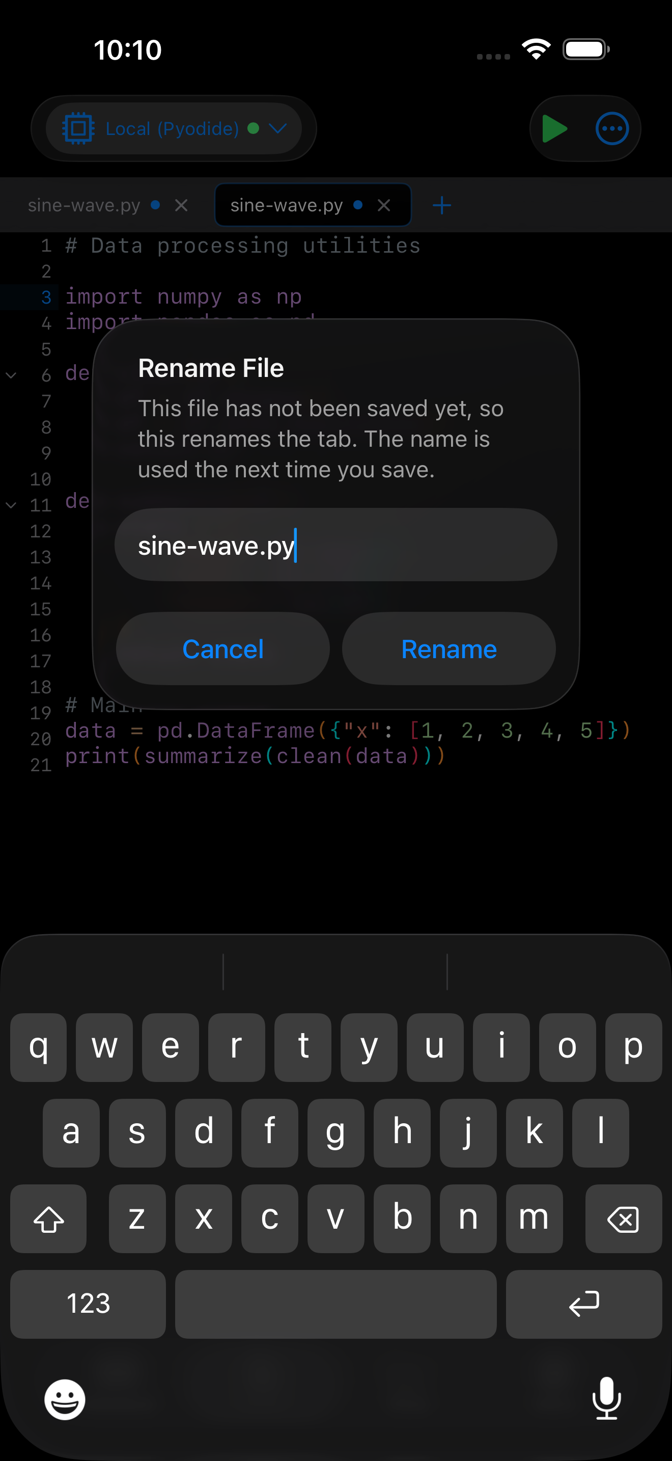 Rename File dialog in the Editor on iPhone in dark mode