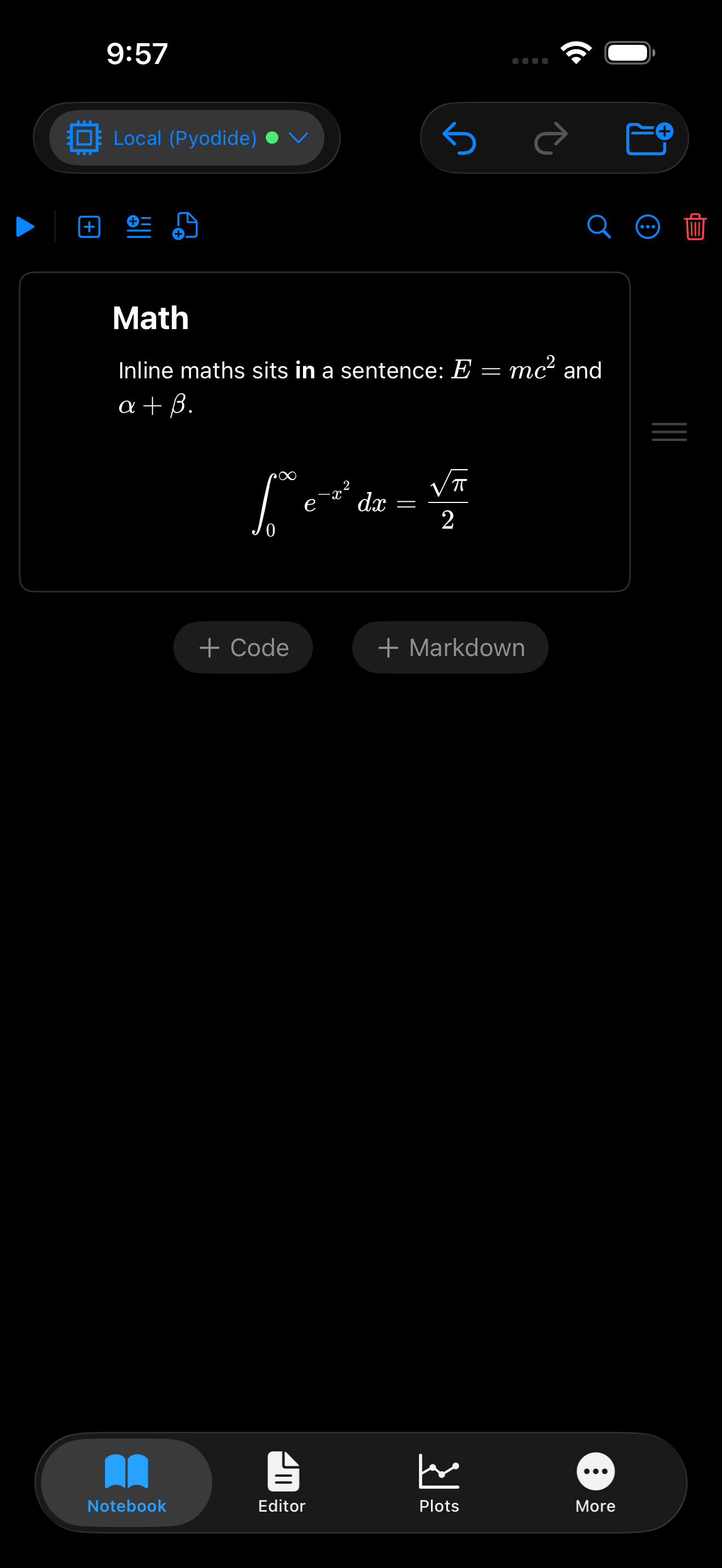Markdown cell on iPhone in dark mode showing rendered maths