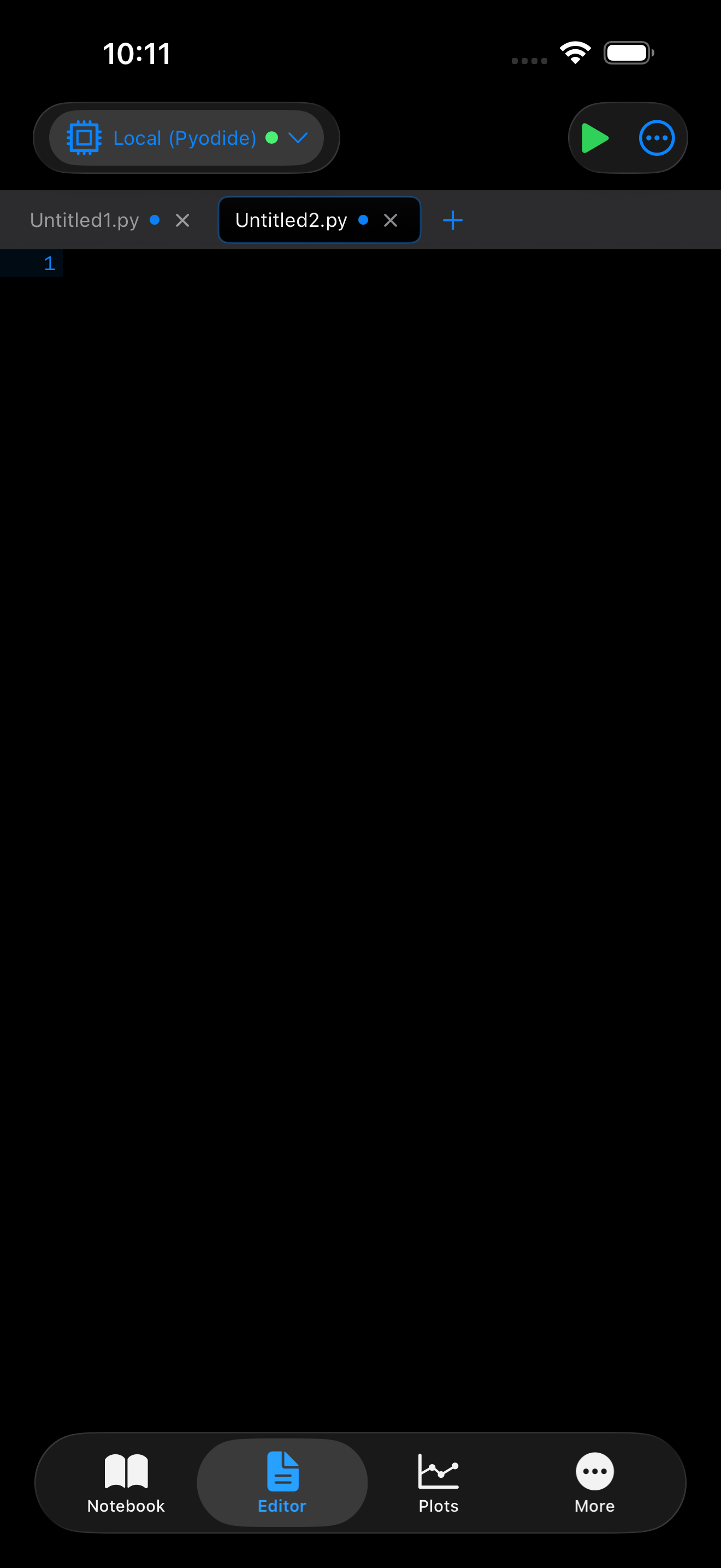 Editor on iPhone in dark mode with green run button