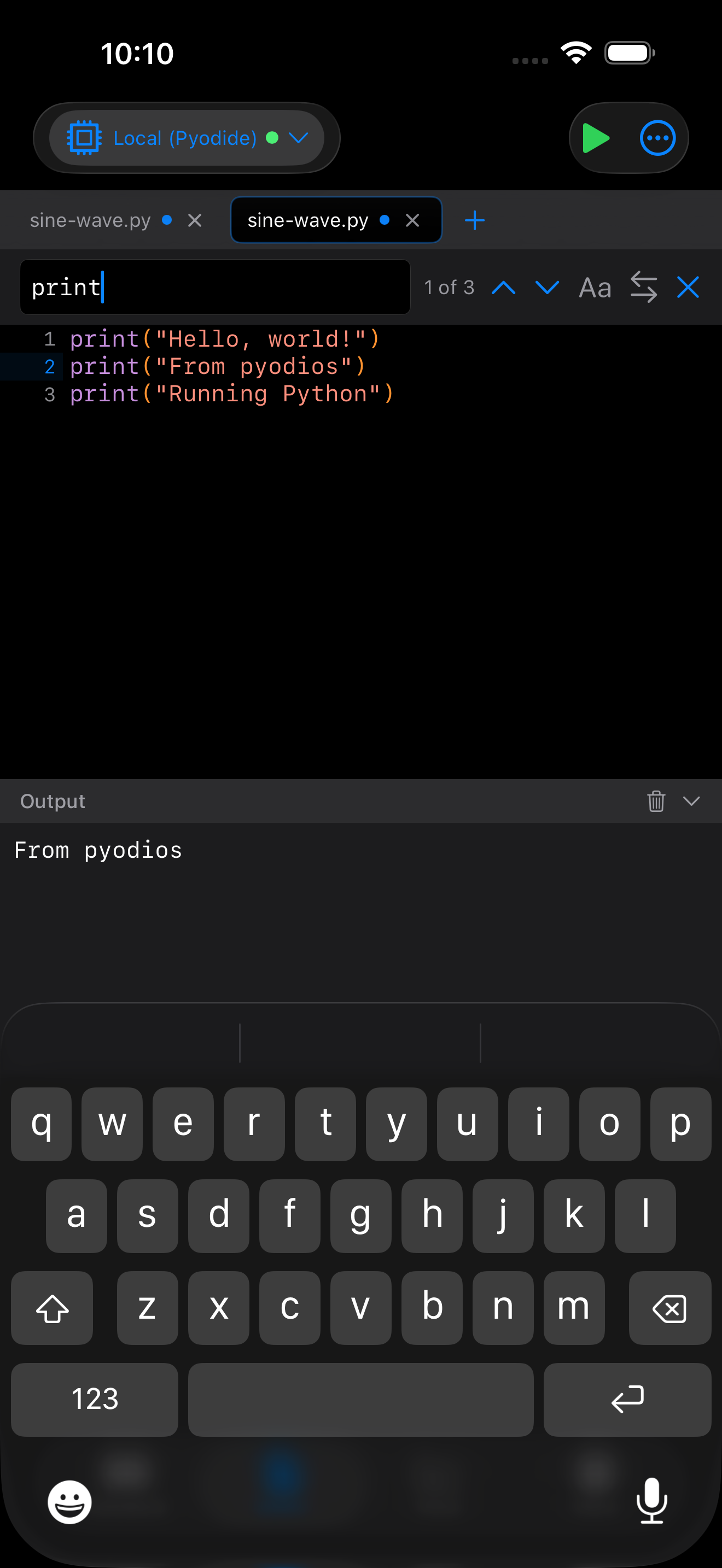 The find bar open in the Editor in dark mode