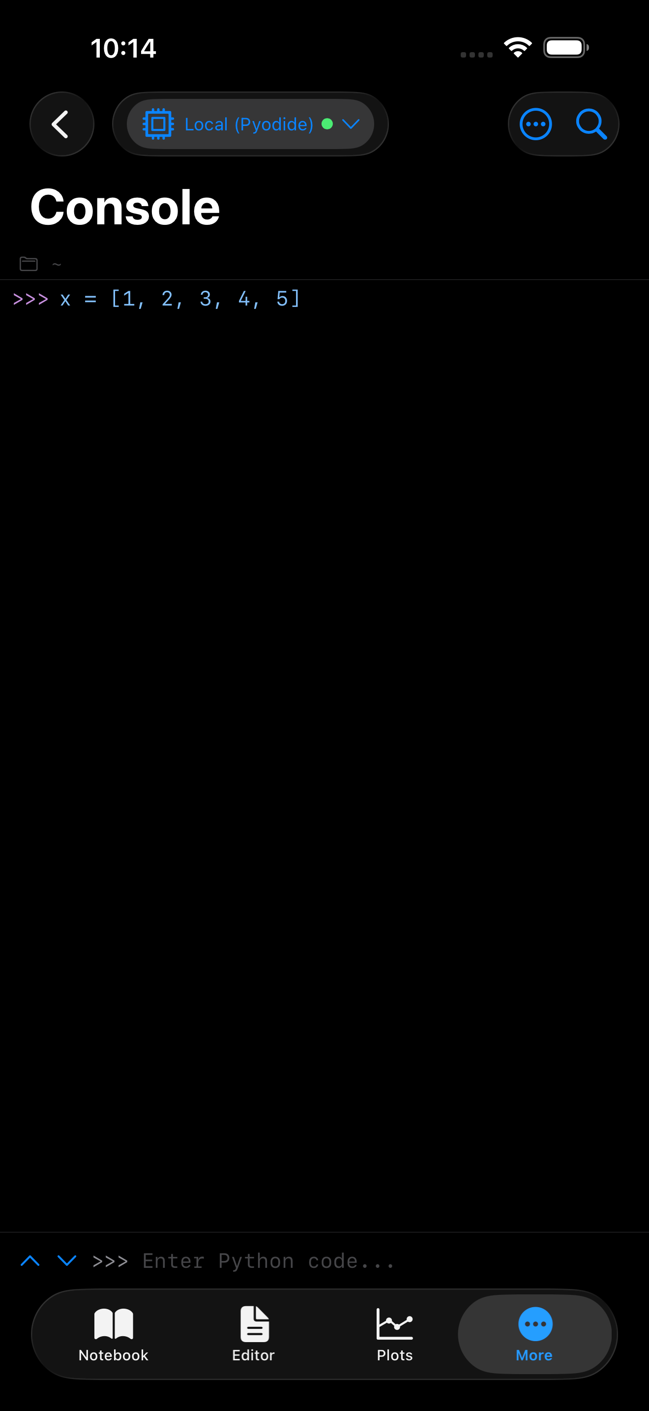 Console after running x = [1,2,3,4,5] on iPhone