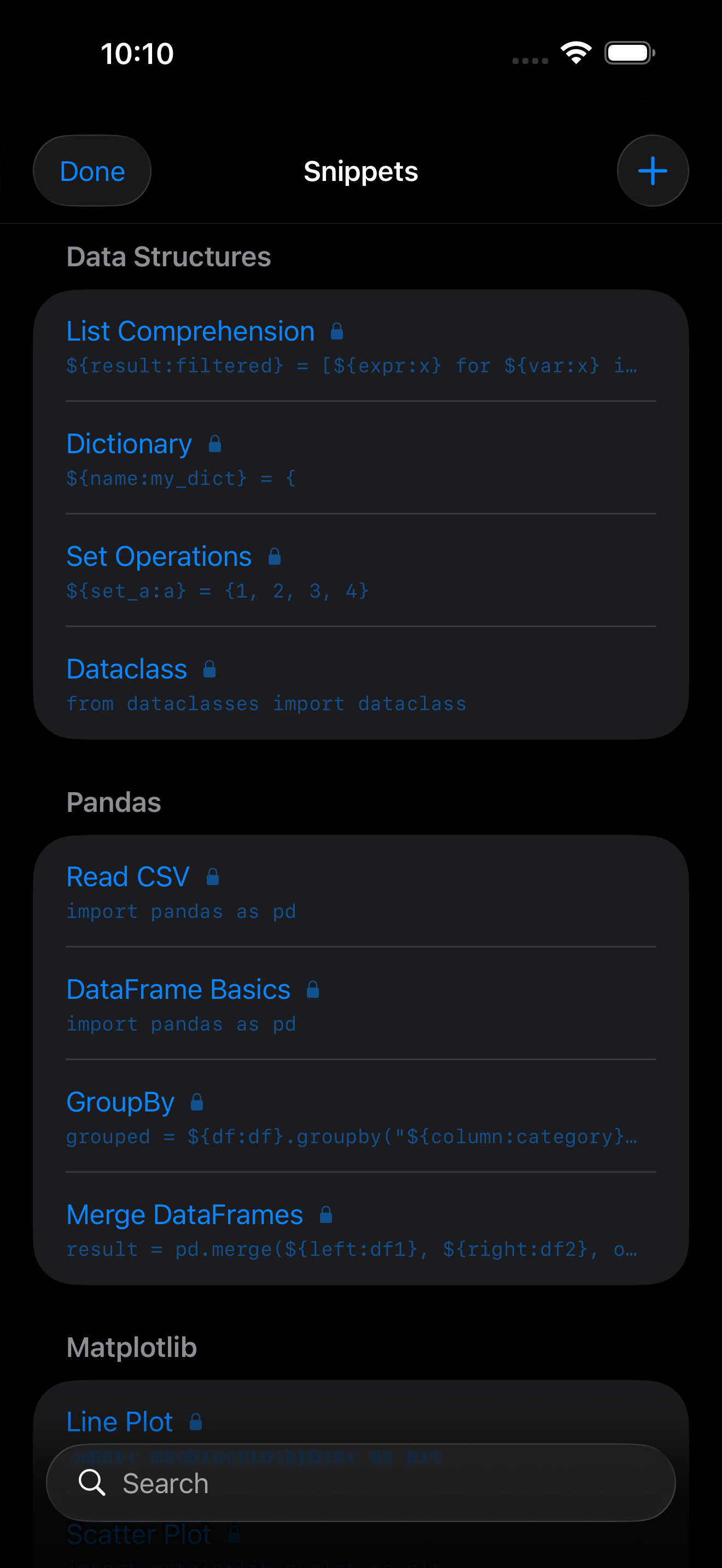 The snippets list in the Editor in dark mode