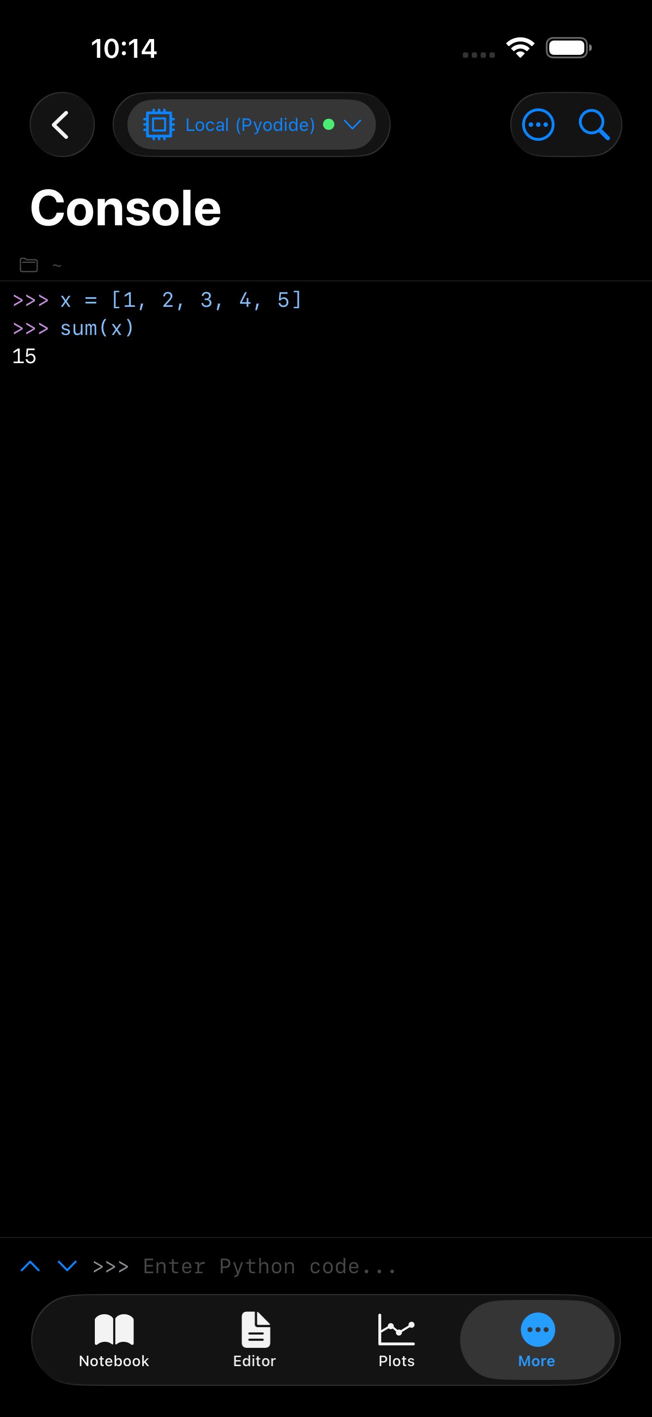 Console after running sum(x) on iPhone