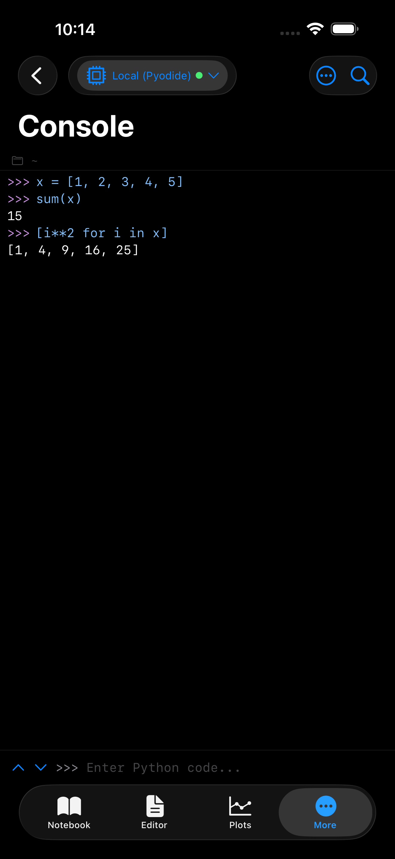 Console after running list comprehension on iPhone