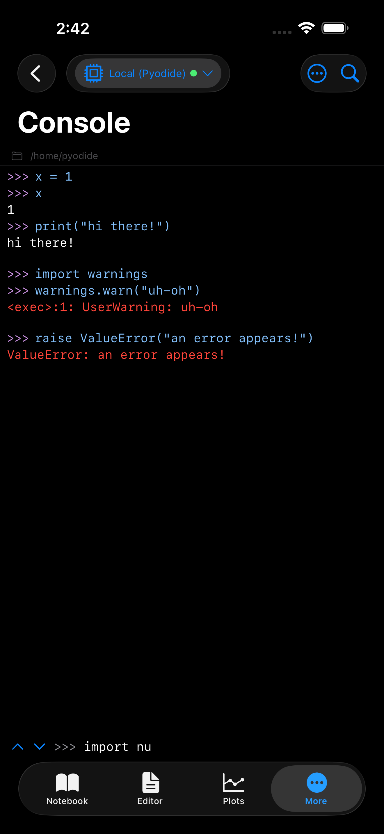 Completion suggestions in the Console in dark mode