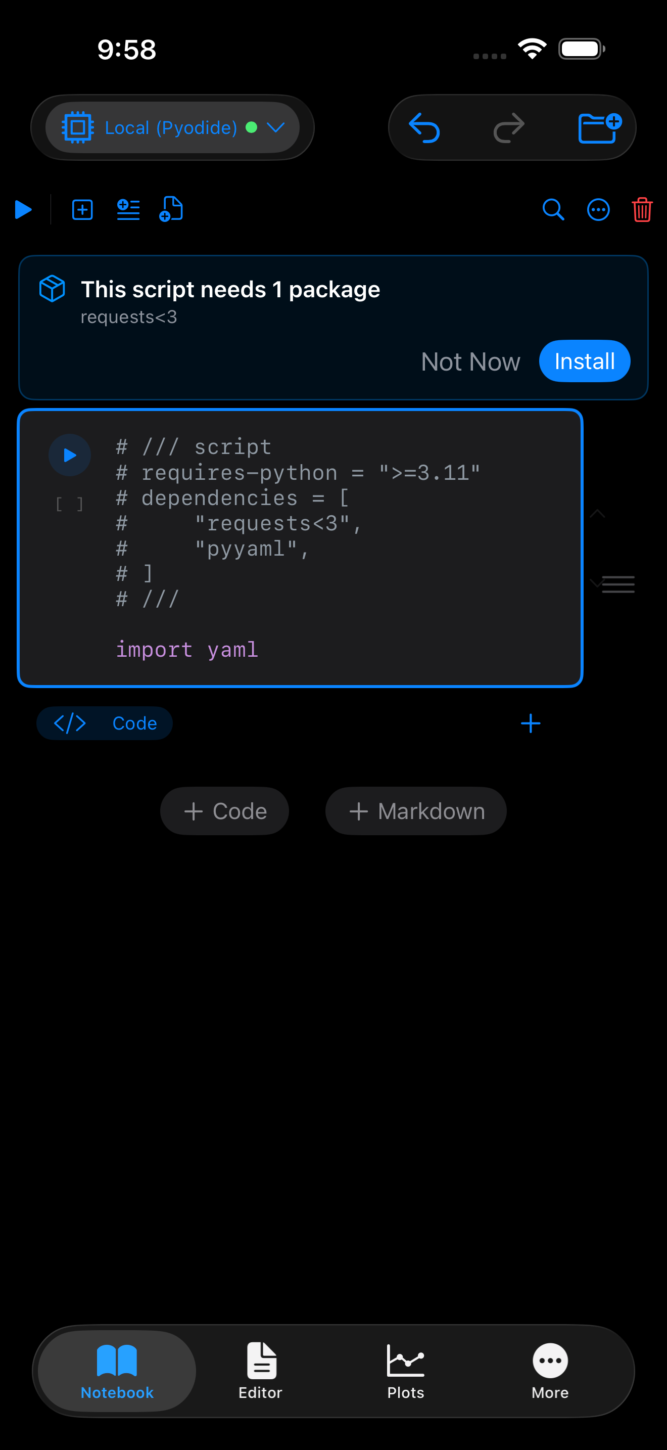 The script dependency banner on iPhone in dark mode