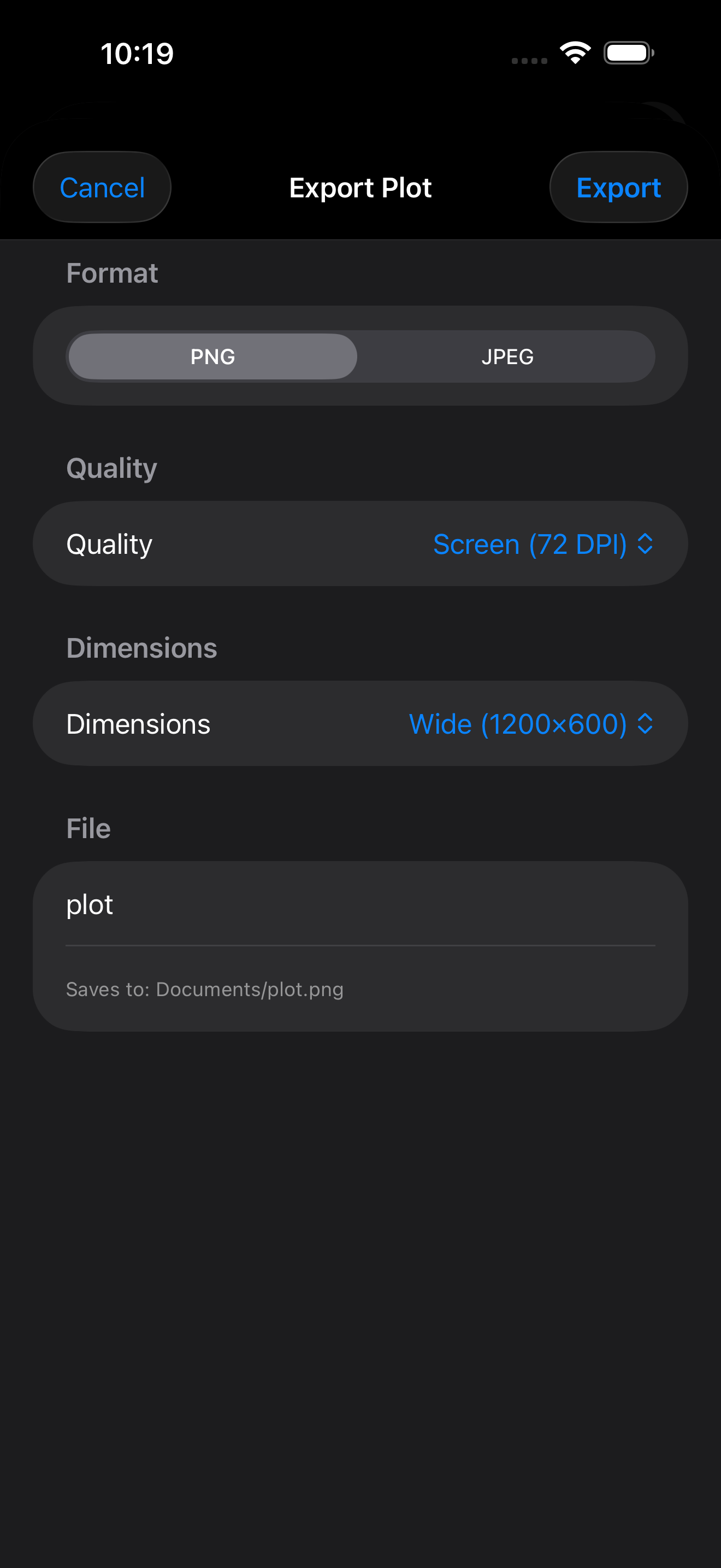 Plot export options on iPhone