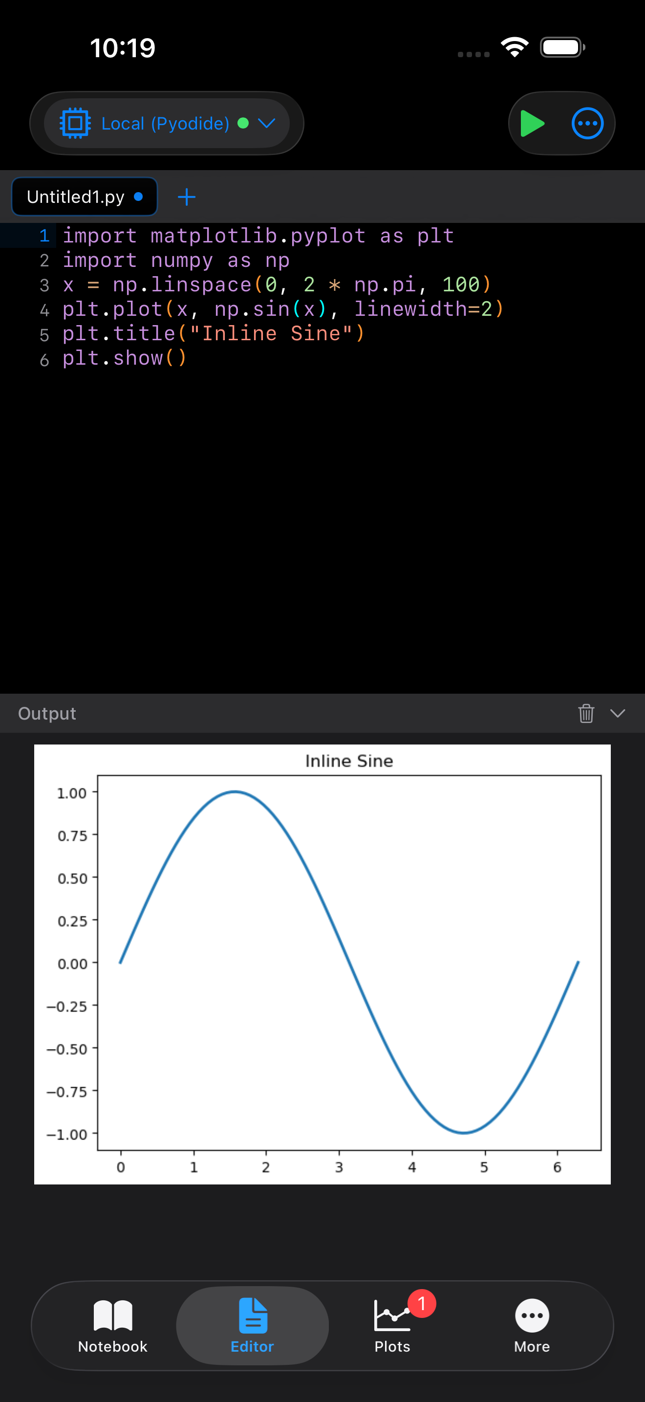 Editor with an inline matplotlib plot in its output tray on iPhone