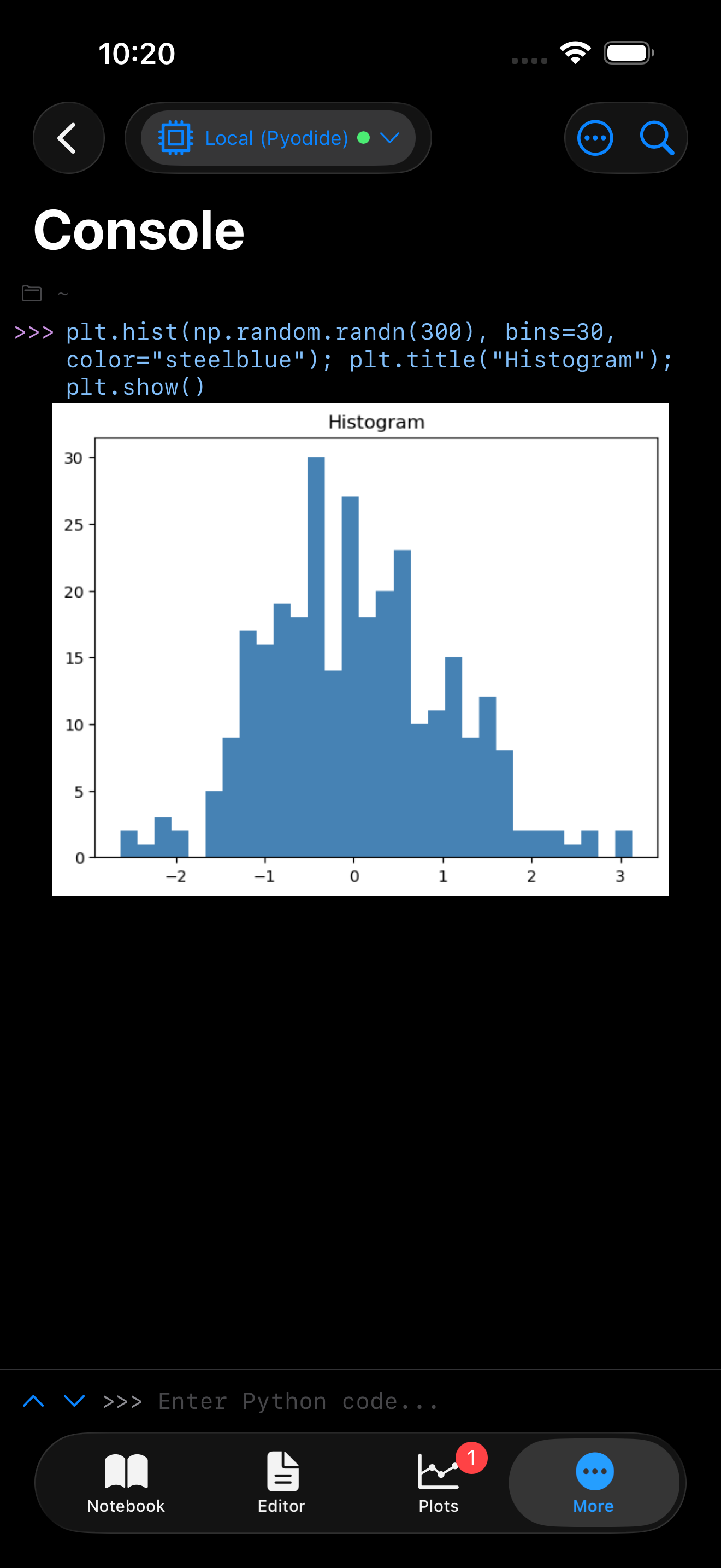Console showing a histogram inline after plt.show() on iPhone
