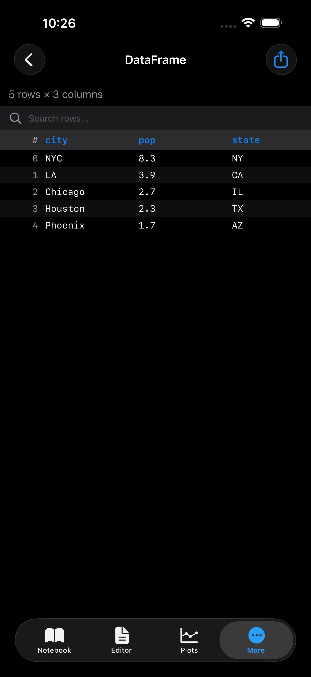 DataFrame viewer on iPhone in dark mode