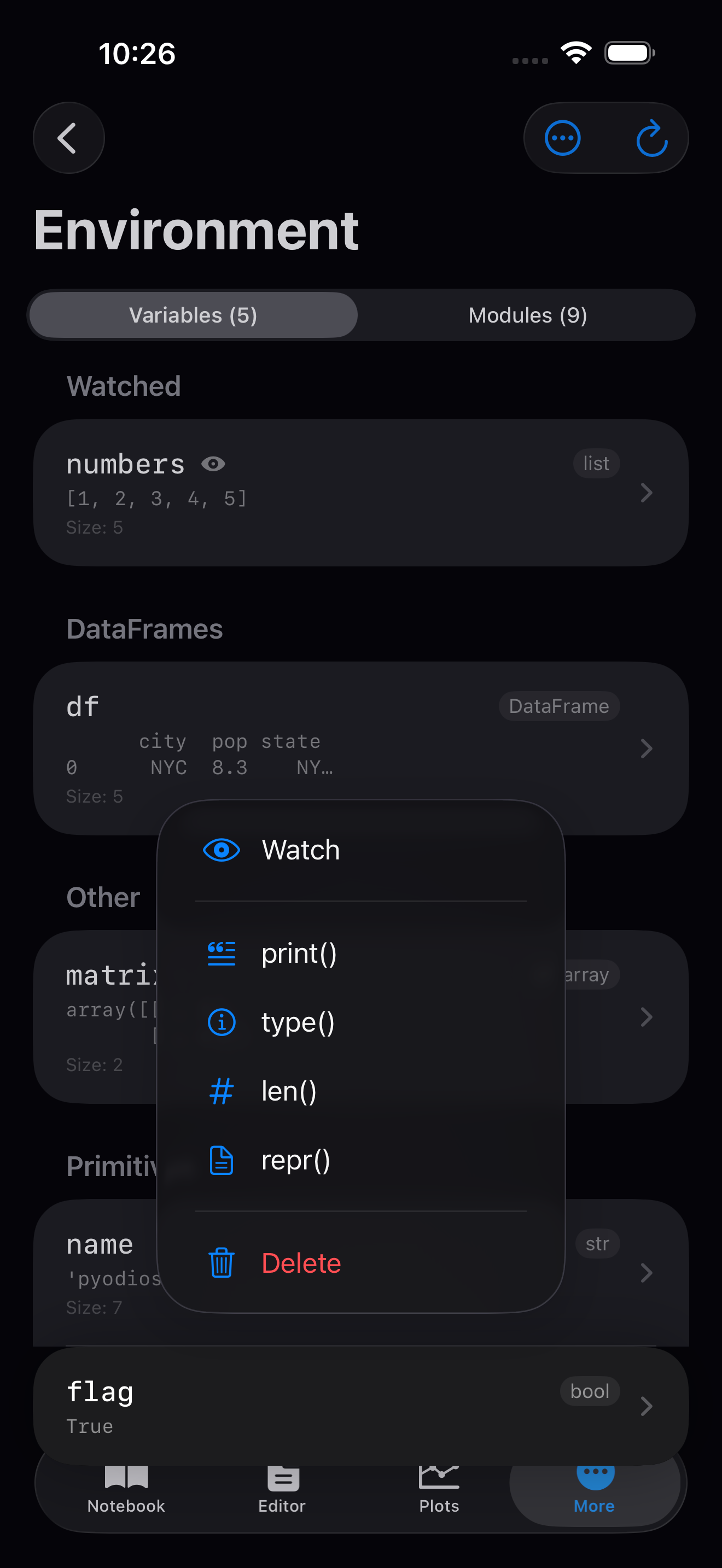 Long-press context menu on iPhone in dark mode