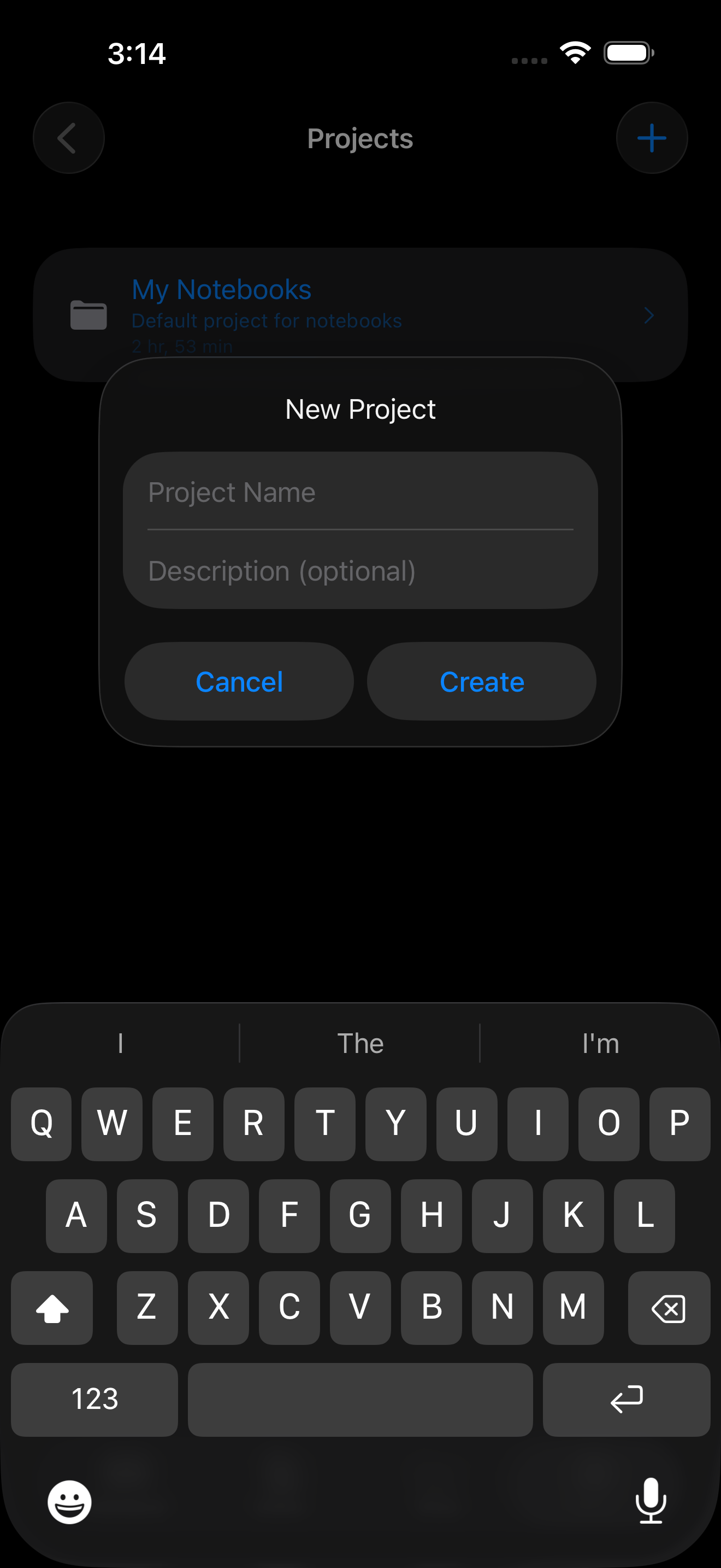 New Project dialog on iPhone in dark mode