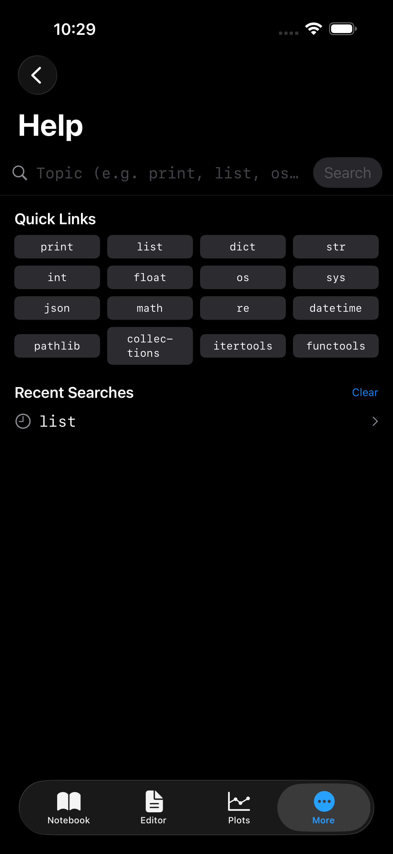 Help tab on iPhone in dark mode showing Quick Links grid