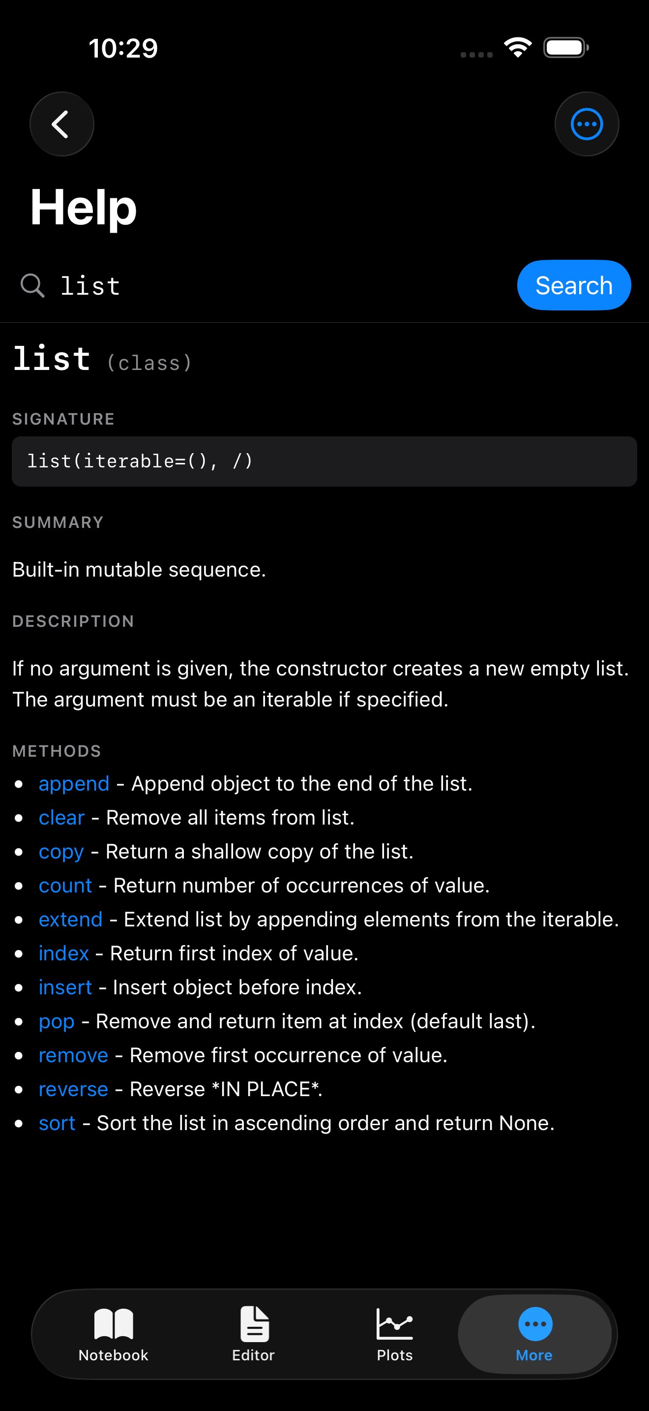 Help tab on iPhone in dark mode showing a pydoc HTML result
